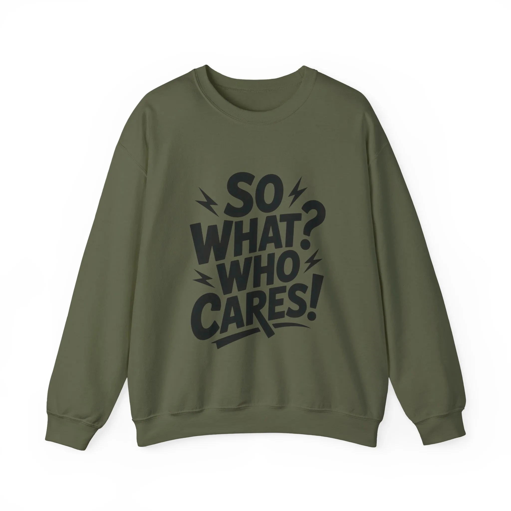 So What? Who Cares! Funny Mens Crewneck Sweatshirt, Bold Statement Design, Lightning Graphic Pullover, Rebellious Urban Humor - Image 2