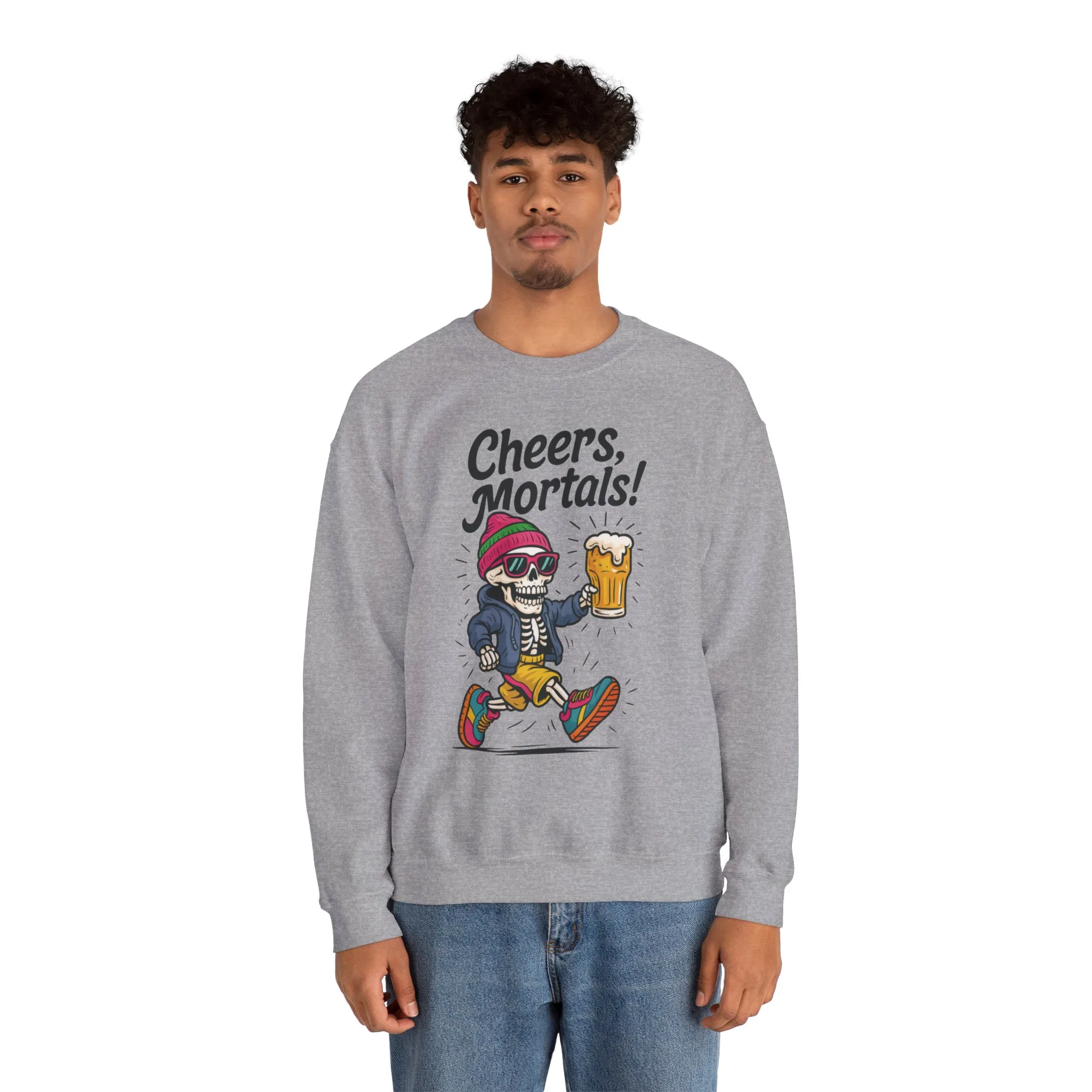 Cheers Mortals! Mens Crewneck Sweatshirt, Skeleton Beer Pullover with Hood, Drinking Humor Sweatshirt, Party Gift for Him, Halloween Apparel - Image 8