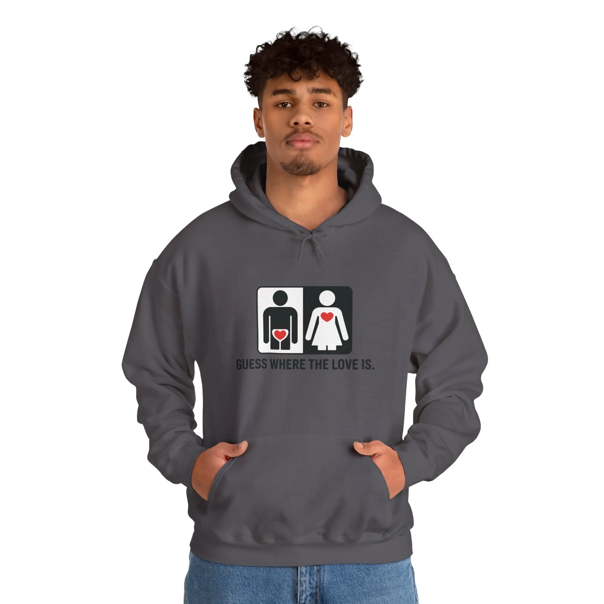 Cute Guess Where The Love Is Mens Hoodie, Sweatshirt for Couples, Valentines Day Gift, Relationship Humor Hoodie, Bold Love Joke Hoodie