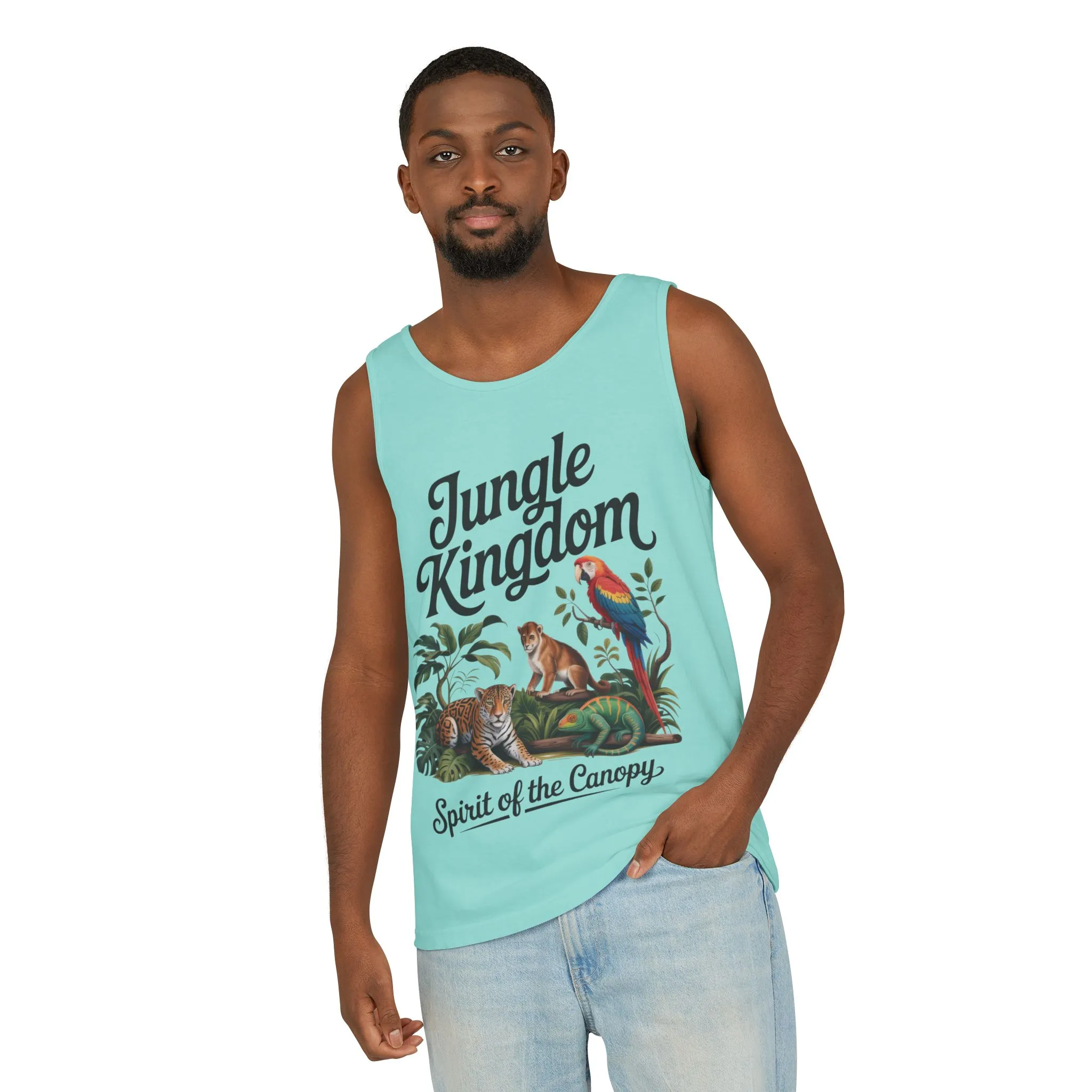 Jungle Kingdom Tank Top, Mens Garment-Dyed Sleeveless Shirt, Spirit of the Canopy Tee, Summer Outfit, Eco-Friendly Casual Wear - Image 6