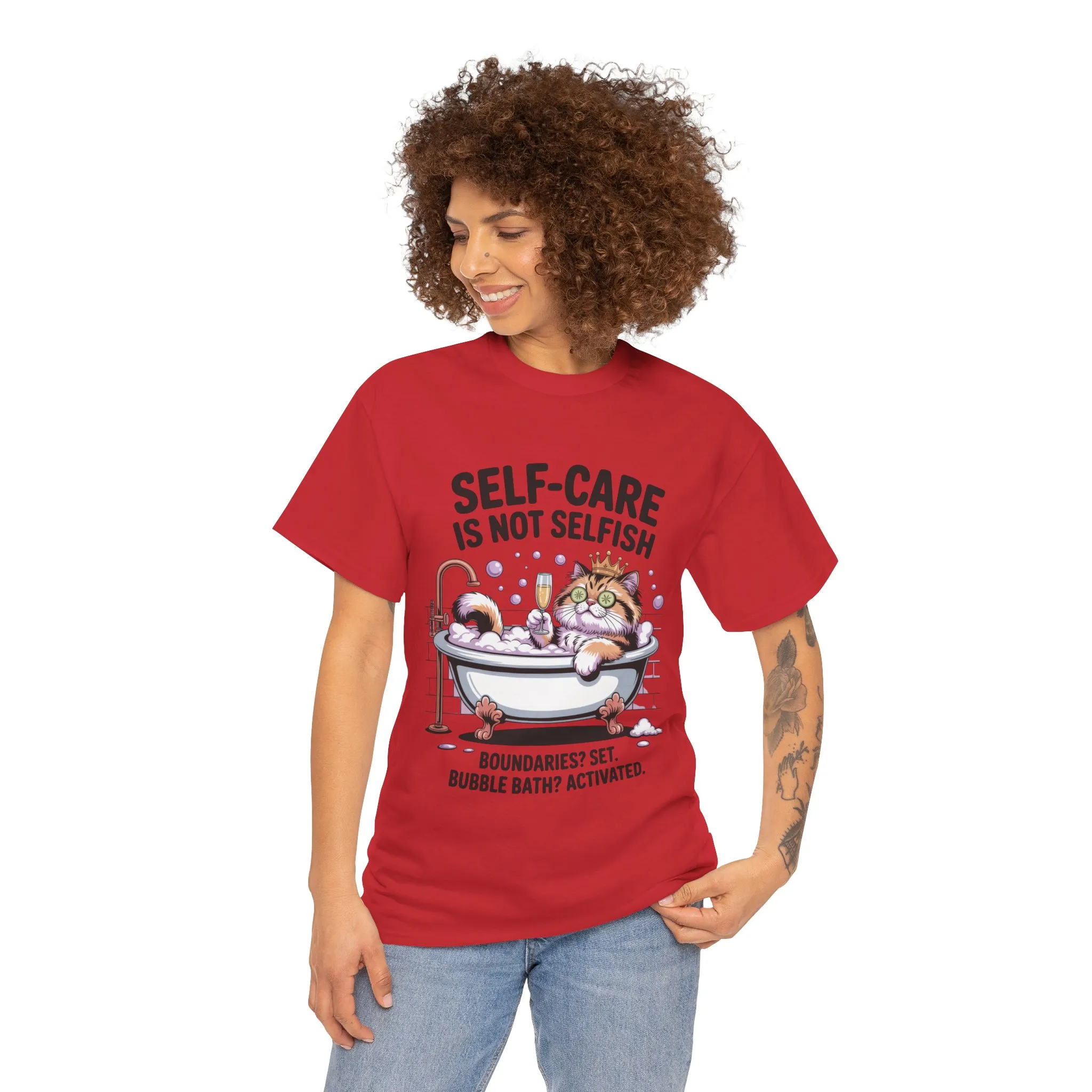 Womens Heavy Cotton Tee, Self-Care Cat Shirt, Funny Cat Bubble Bath Tee, Relaxing Kitty Graphic, Self Care Is Not Selfish Womens T-Shirt - Image 29
