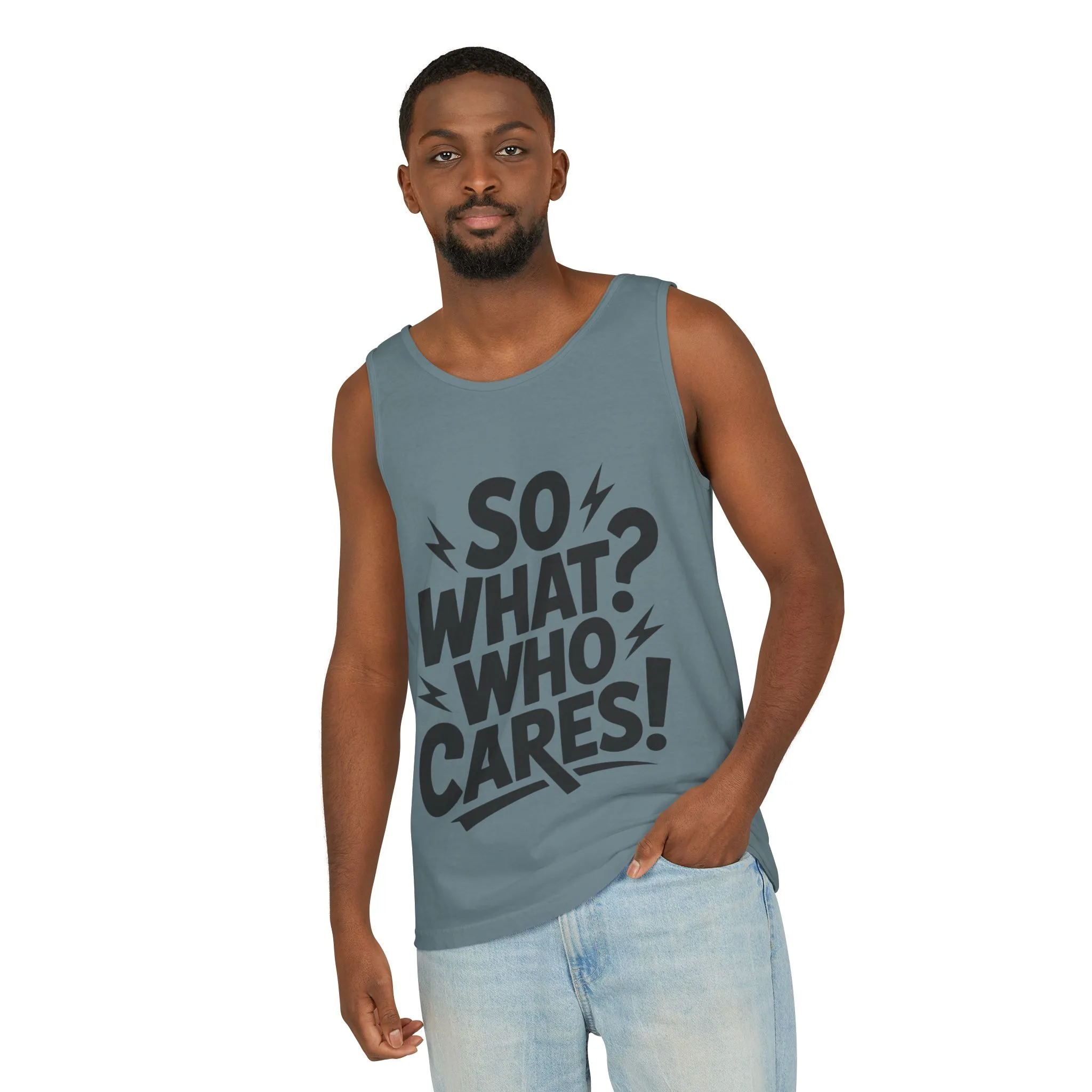 Mens Tank Top, "So What? Who Cares!", Casual Summer Wear, Beach Trip, Festival Outfit, Lightning Print, Sarcastic Summer Tee, Gym Tank - Image 38