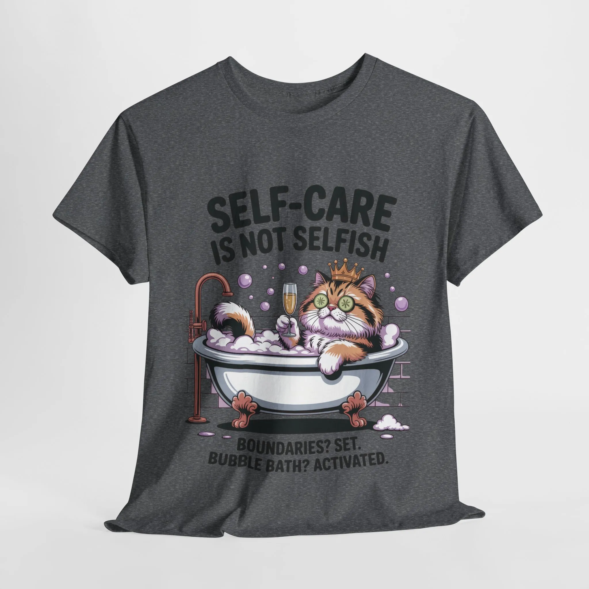 Womens Heavy Cotton Tee, Self-Care Cat Shirt, Funny Cat Bubble Bath Tee, Relaxing Kitty Graphic, Self Care Is Not Selfish Womens T-Shirt - Image 13