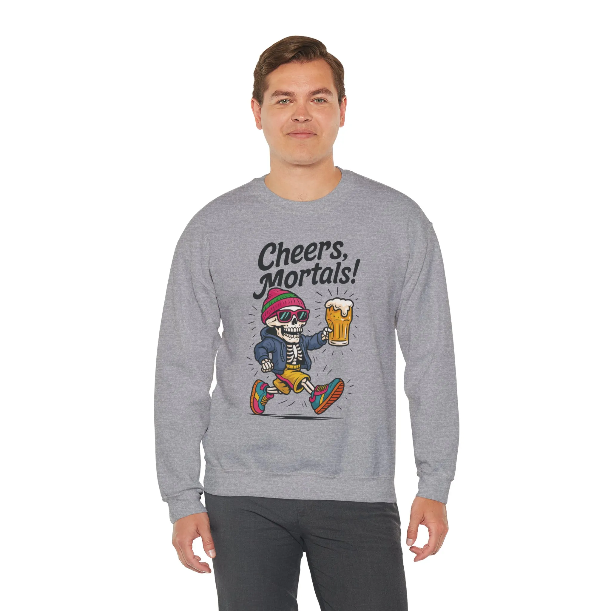 Cheers Mortals! Mens Crewneck Sweatshirt, Skeleton Beer Pullover with Hood, Drinking Humor Sweatshirt, Party Gift for Him, Halloween Apparel - Image 9