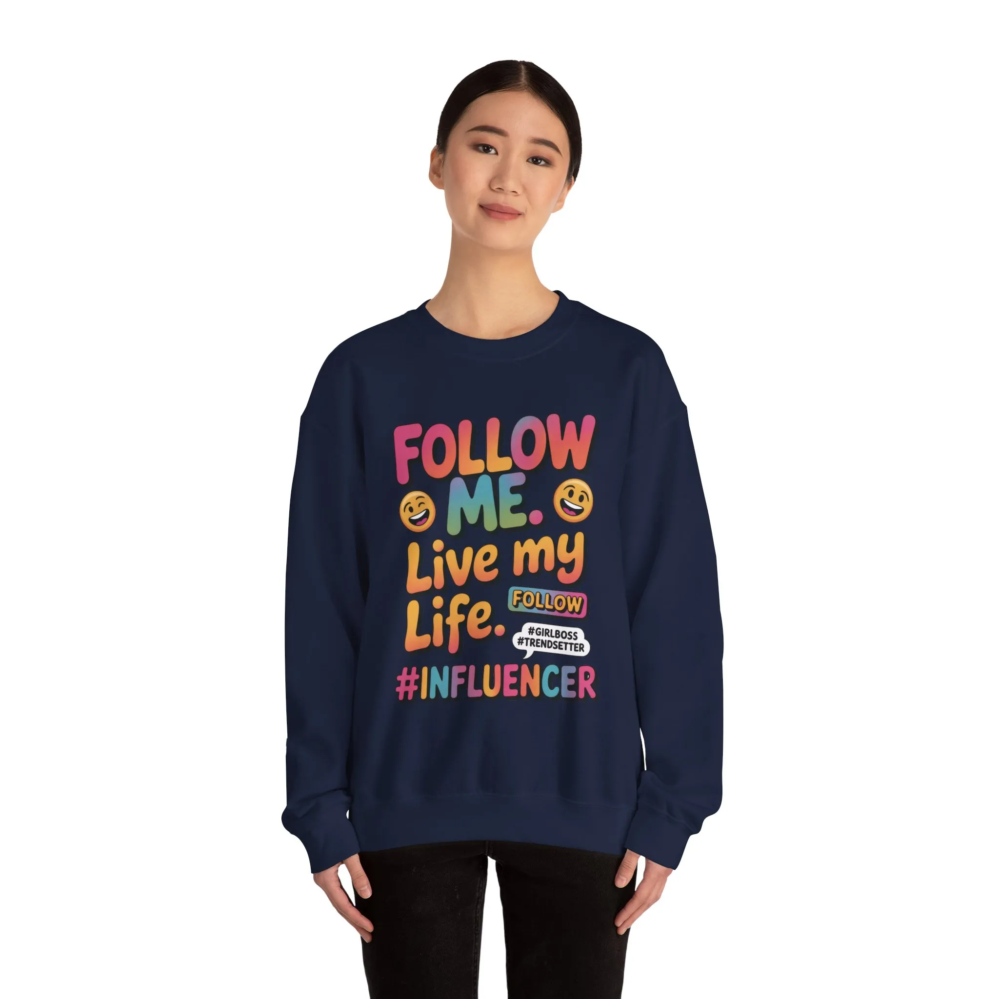 Womens Heavy Blend™ Crewneck Sweatshirt, Influencer Sweatshirt, Colorful Follow Me Live My Life Graphic Sweatshirt, Trendy GirlBoss Outfit - Image 17