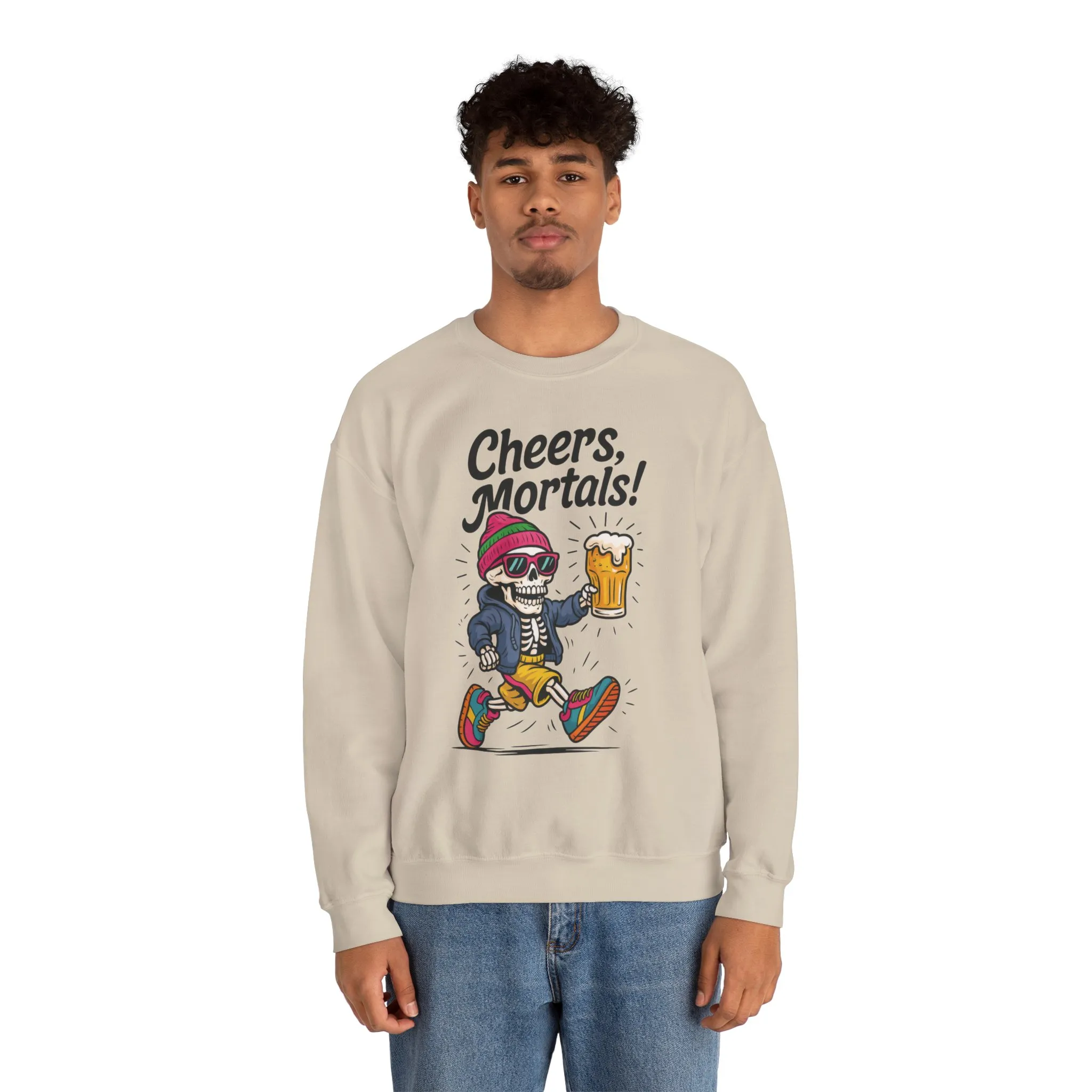 Cheers Mortals! Mens Crewneck Sweatshirt, Skeleton Beer Pullover with Hood, Drinking Humor Sweatshirt, Party Gift for Him, Halloween Apparel - Image 5