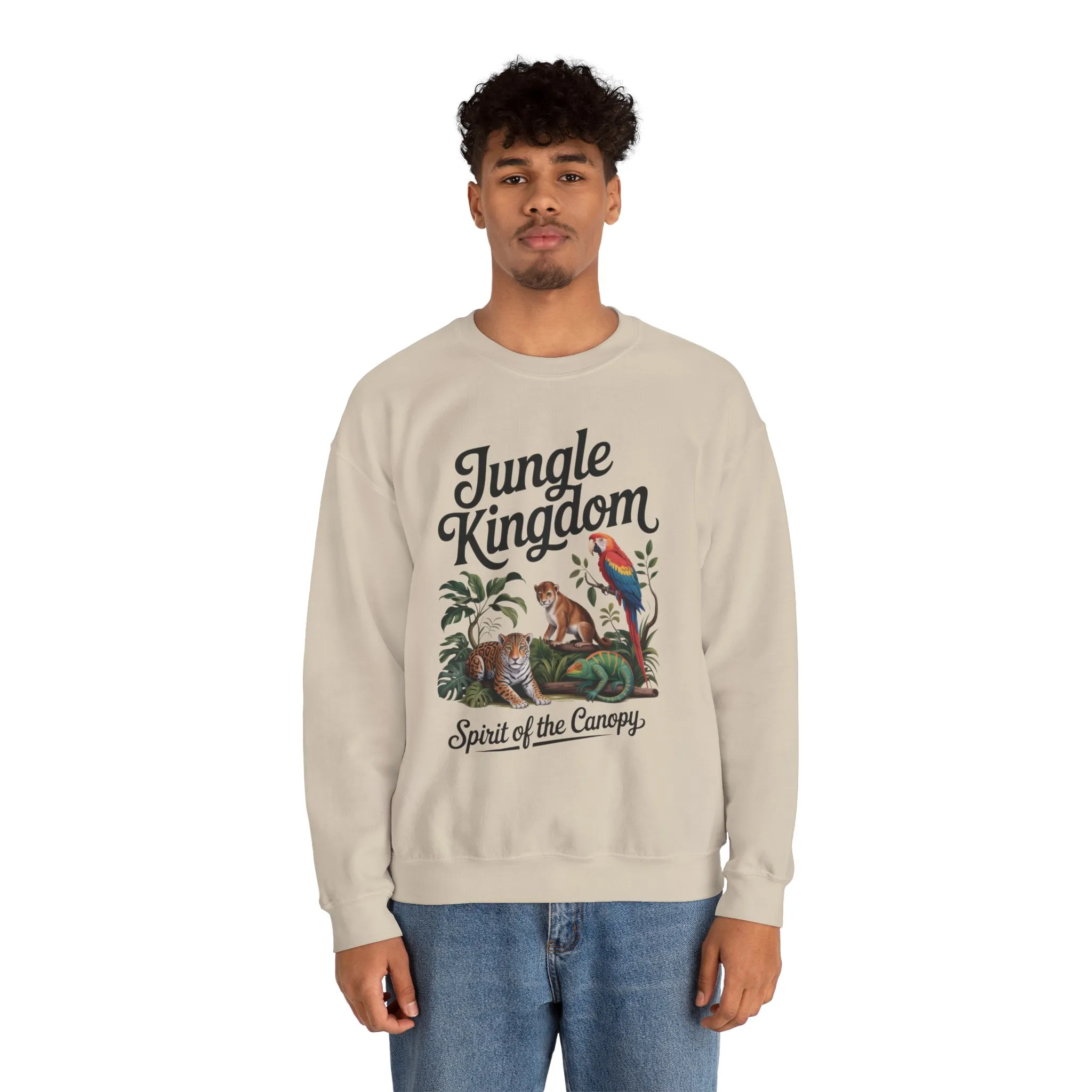 Jungle Kingdom Mens Sweatshirt, Cozy Jungle Crewneck, Nature Lover Gift, Wildlife Artwork, Eco-Conscious Apparel, Animal Enthusiast Clothing