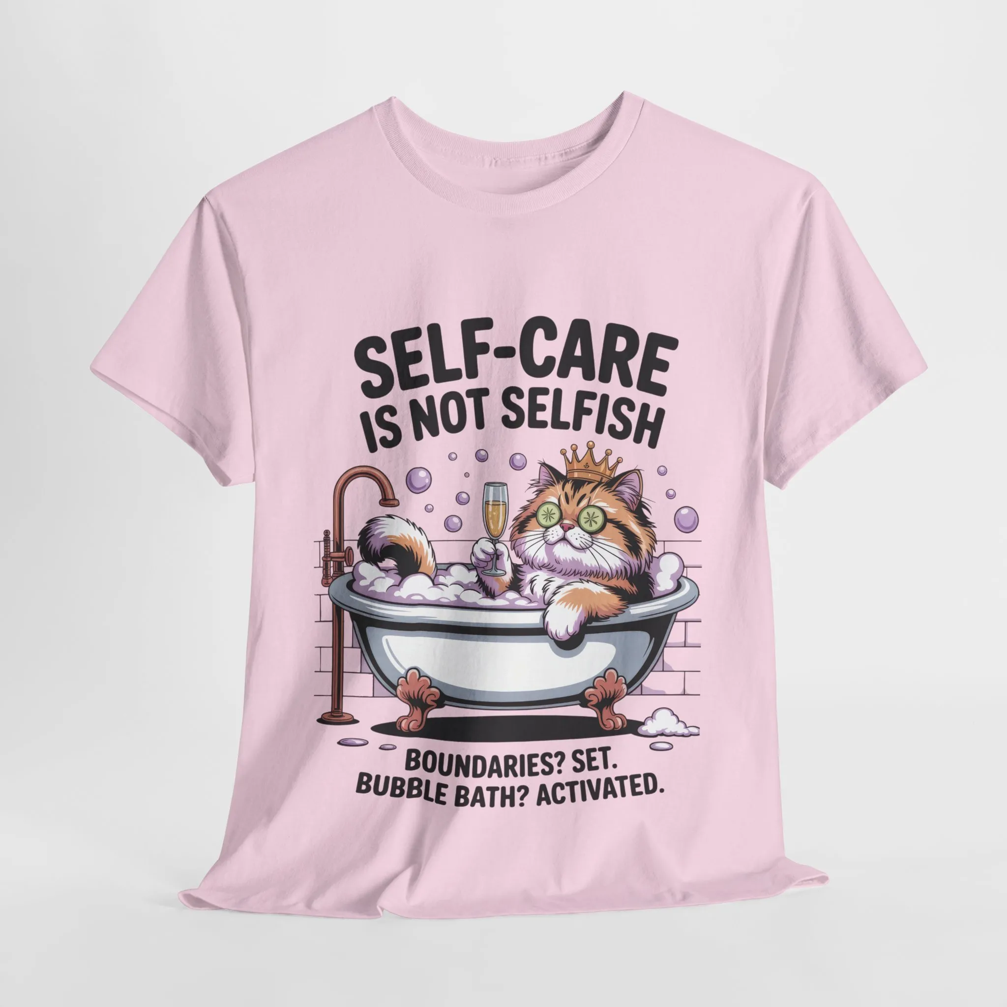 Womens Heavy Cotton Tee, Self-Care Cat Shirt, Funny Cat Bubble Bath Tee, Relaxing Kitty Graphic, Self Care Is Not Selfish Womens T-Shirt - Image 25