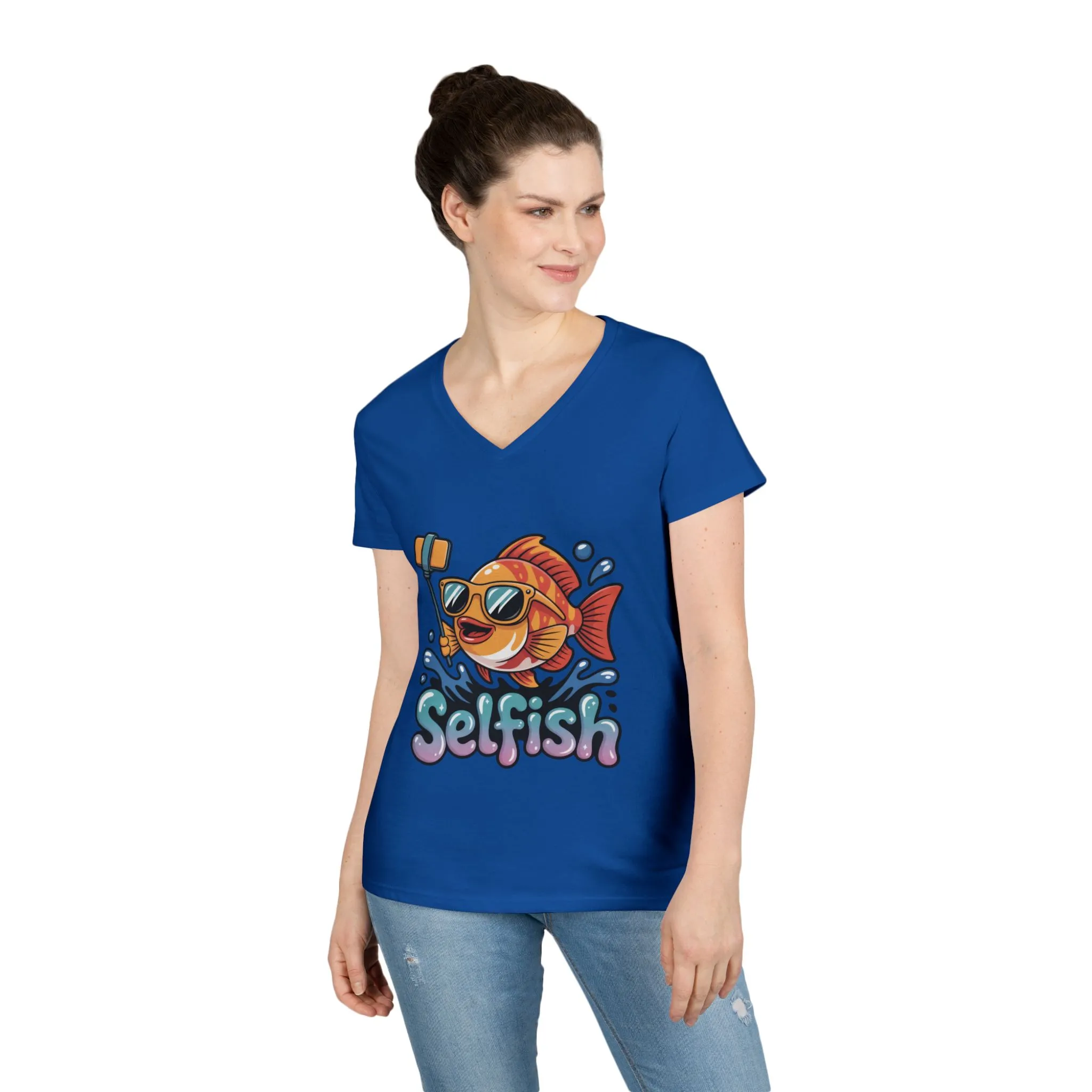 Ladies' V-Neck T-Shirt, Funny Selfie Fish Graphic Womens Tee, Playful Pun Gift for Her, Summer Vibes, Unique Beach Shirt, Outdoor Adventures - Image 14