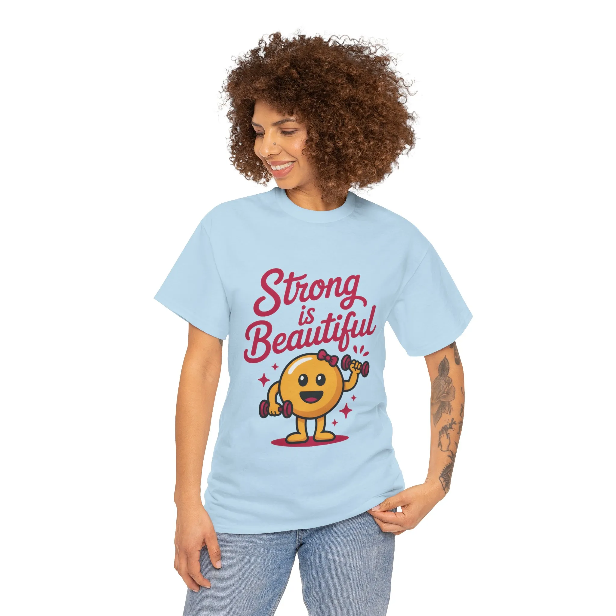 Strong is Beautiful Womens T-Shirt, Cute Fitness Character Graphic Tee, Inspirational Workout Shirt, Gym Motivation Gift for Her - Image 3
