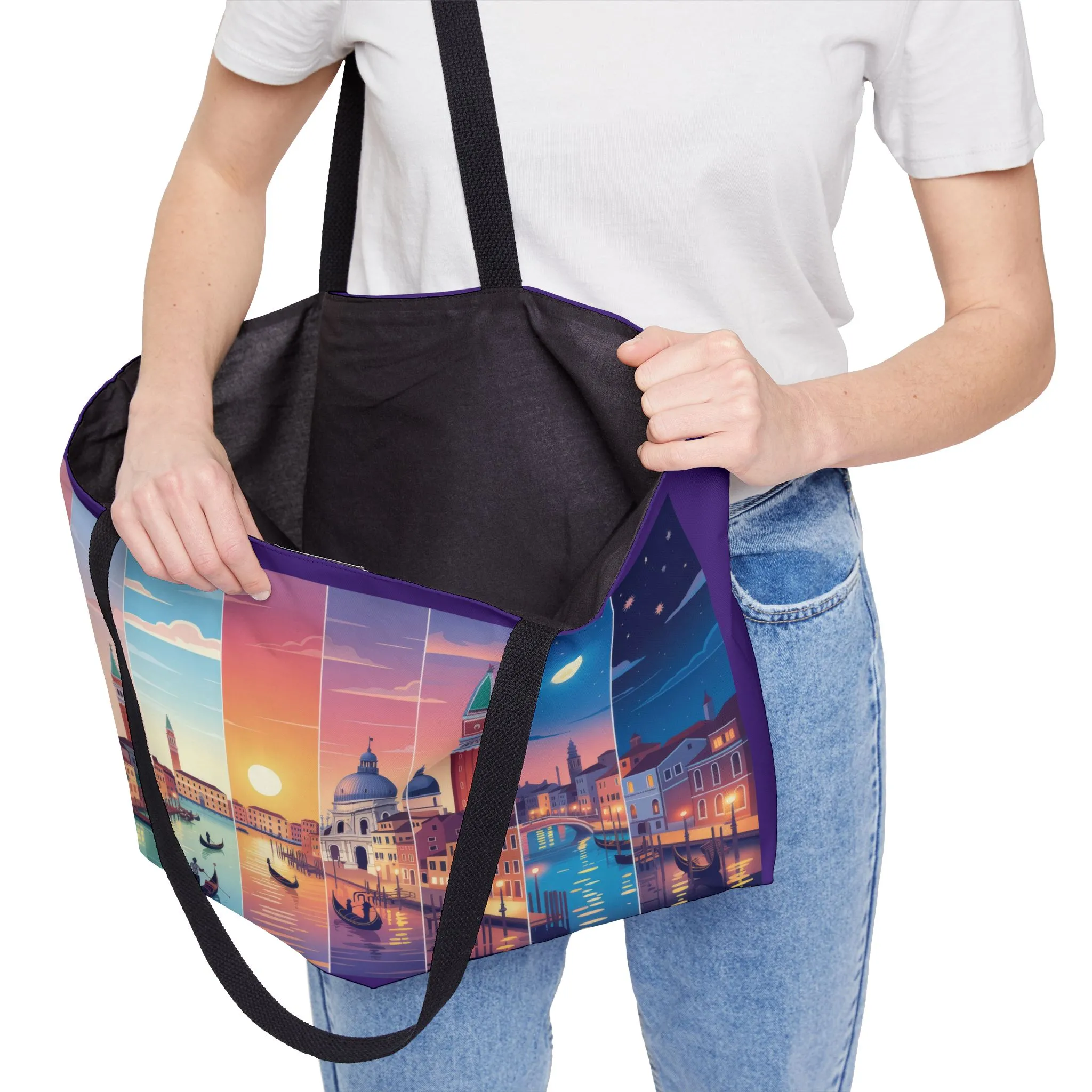 Venice from Dawn to Dusk Weekender Tote Bag, Cityscape Travel Bag with Gondolas, Sunset & Moonlight Art Print, Beach Bag, Travelers Bag - Image 7
