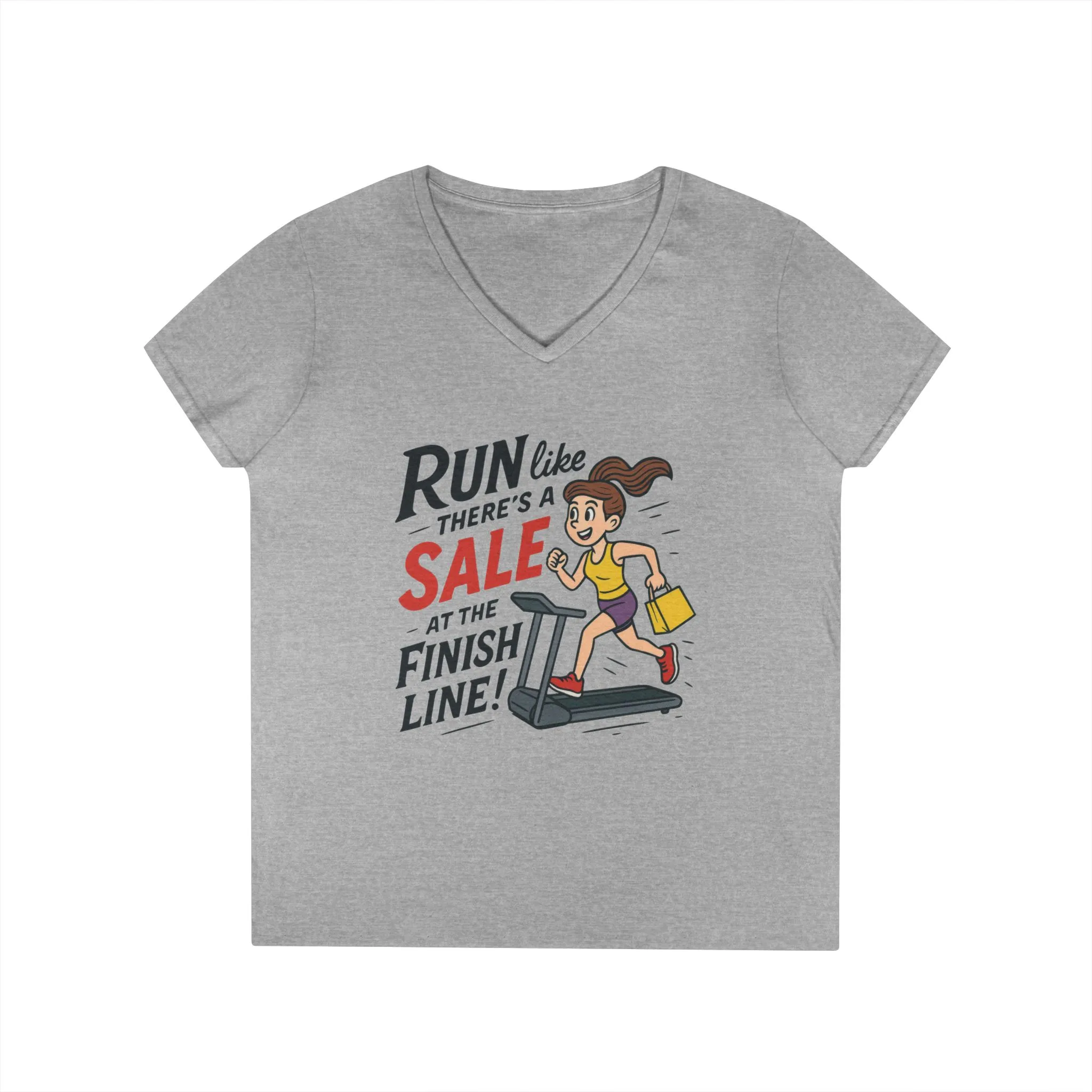 Ladies' V-Neck T-Shirt, Motivational Fitness Tee, Funny Gym Top, Funny Shopping Tee, Treadmill Runner Shirt for Her, For Sale Tee - Image 2