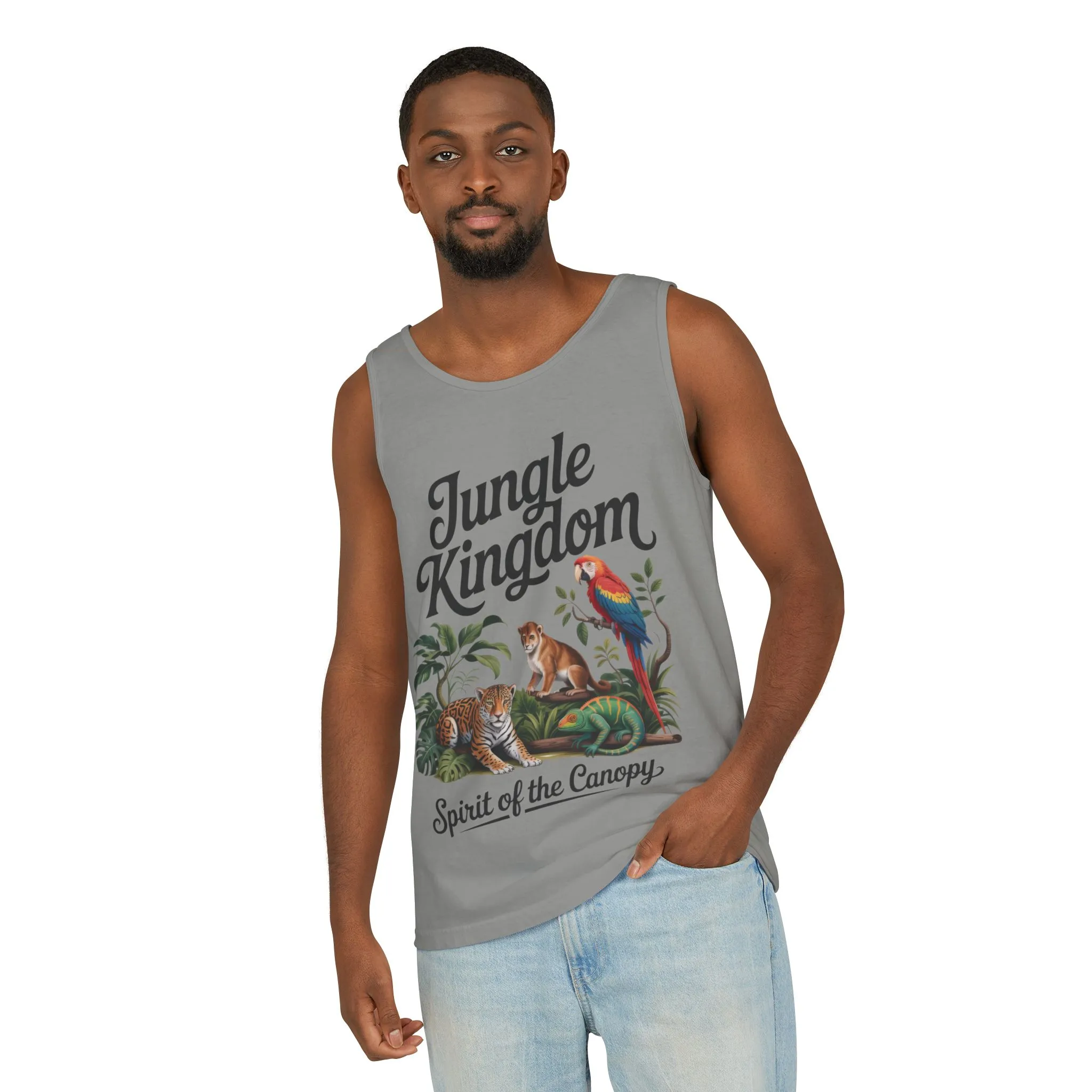 Jungle Kingdom Tank Top, Mens Garment-Dyed Sleeveless Shirt, Spirit of the Canopy Tee, Summer Outfit, Eco-Friendly Casual Wear - Image 16