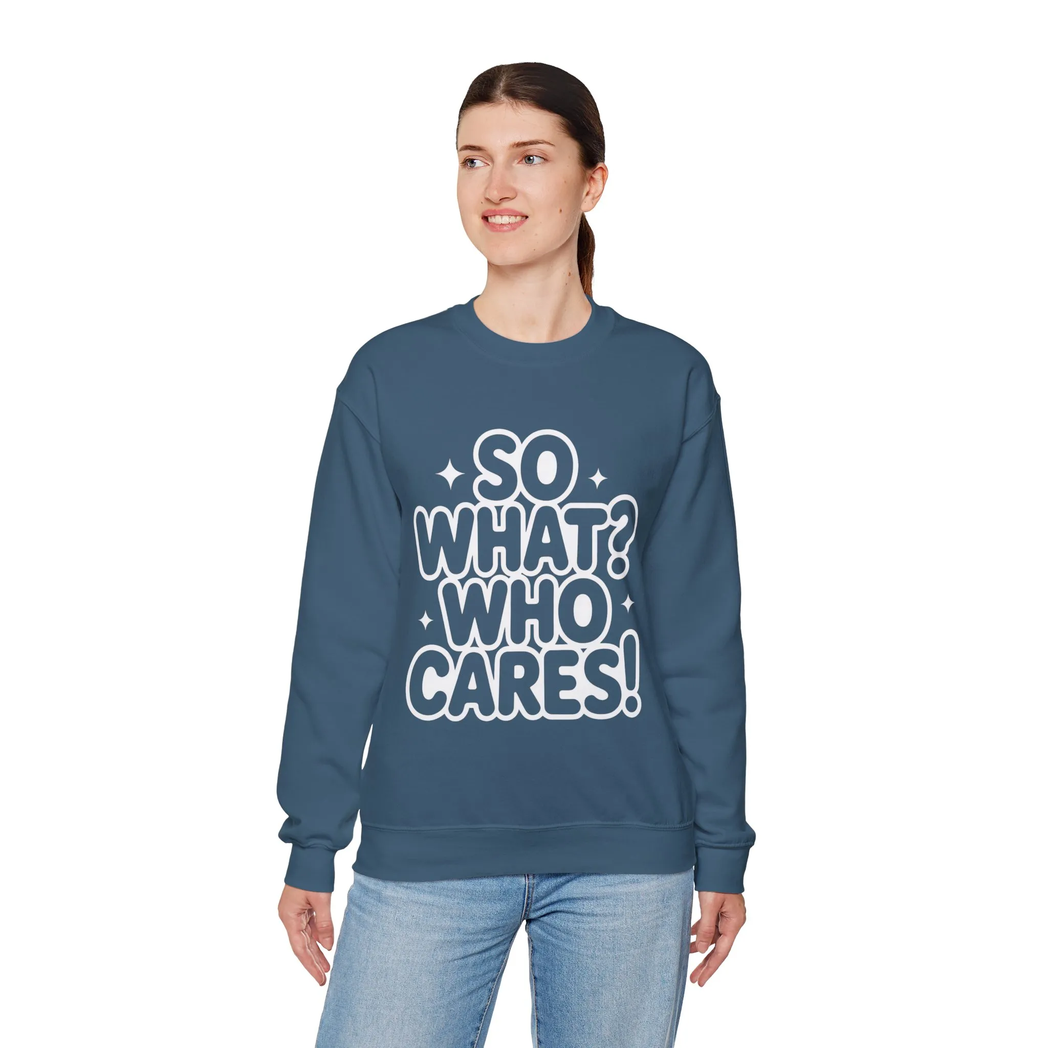 Trendy Womens Crewneck Sweatshirt with 'So What? Who Cares!' Print, Funny Typography Sweater, Sassy Graphic Sweater for Women - Image 33