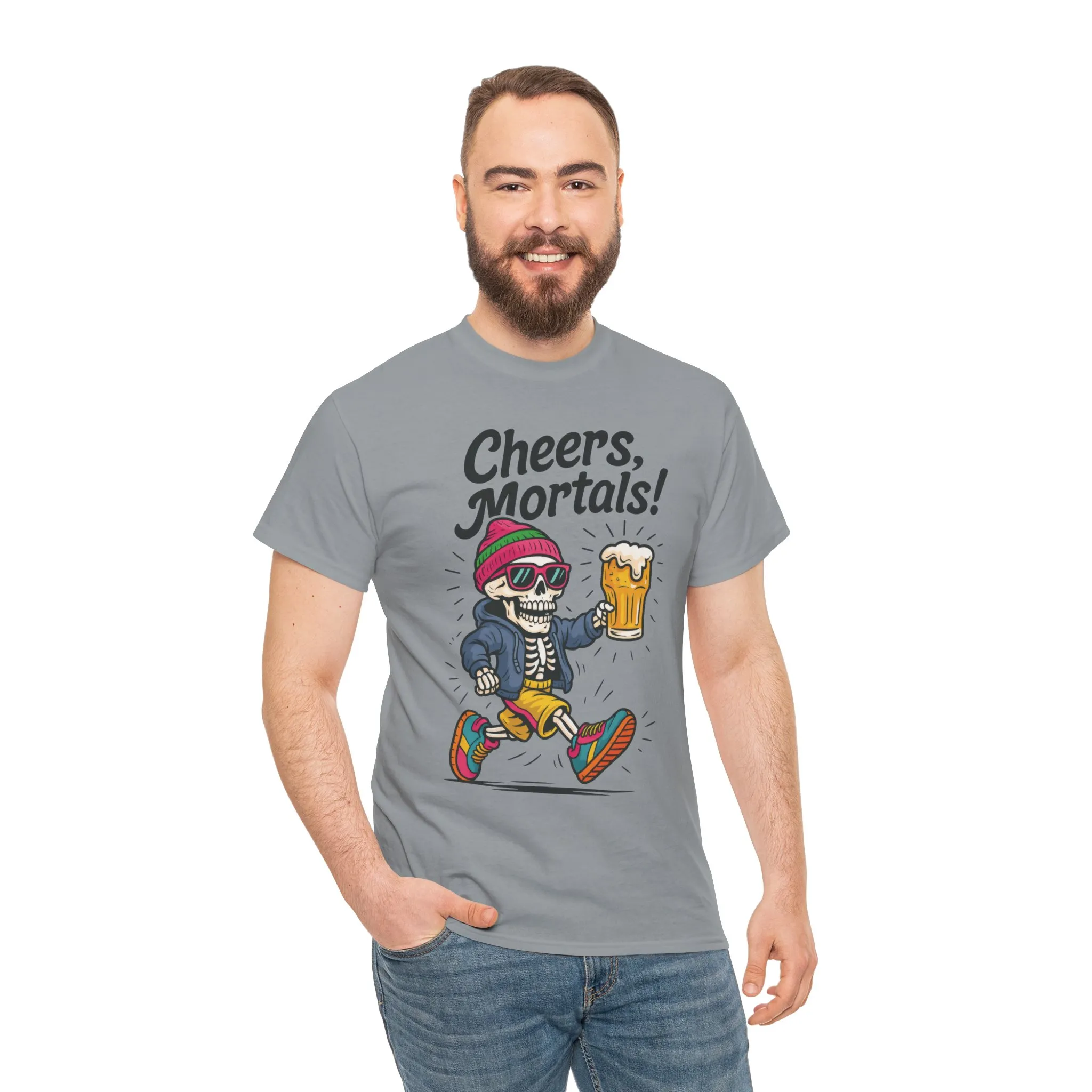 Cheers, Mortals! Mens Tee, Funny Skeleton Beer Graphic Tee, Cool Drinking Humor Shirt, Party Gift for Him, Halloween Tee, Beer Lovers Gift