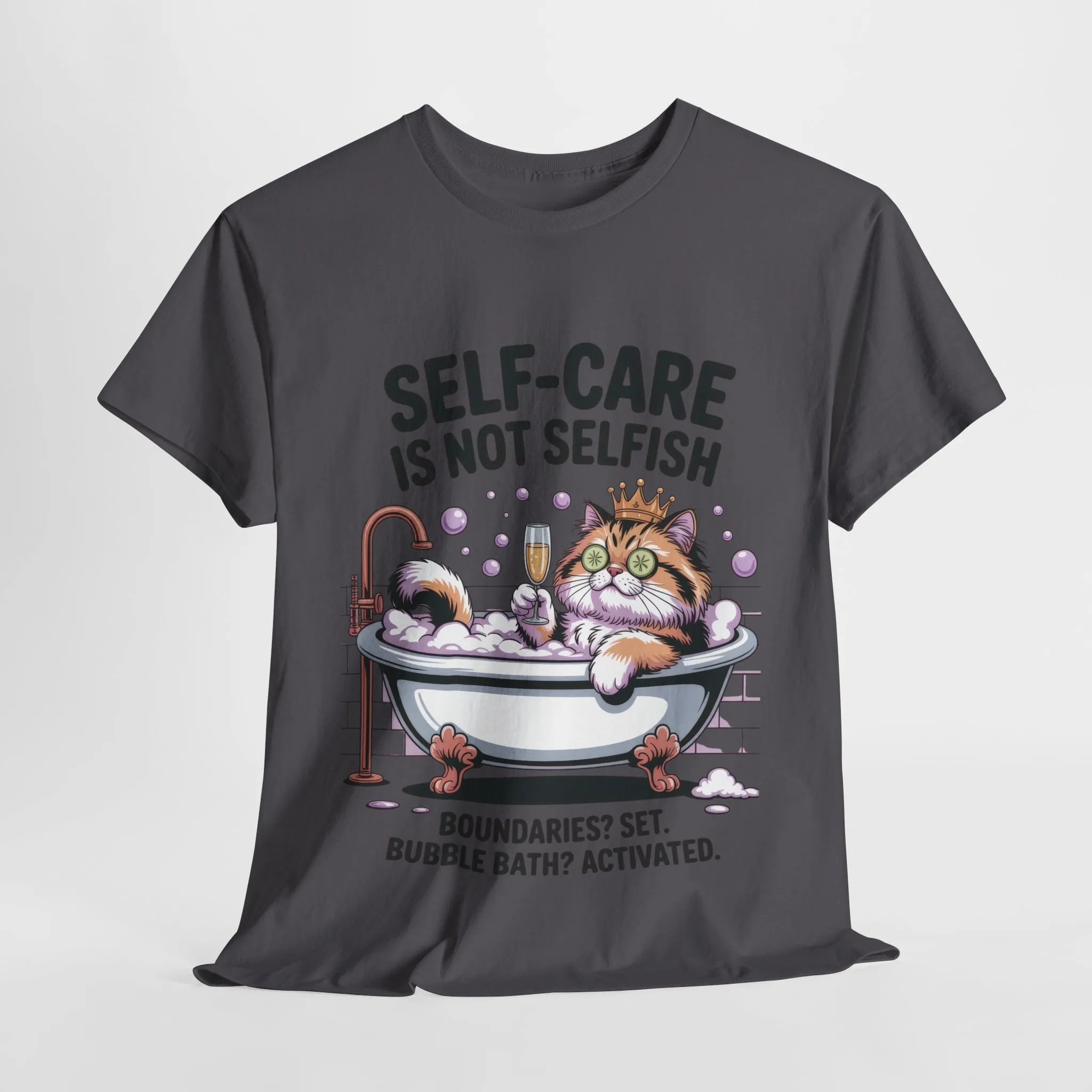 Womens Heavy Cotton Tee, Self-Care Cat Shirt, Funny Cat Bubble Bath Tee, Relaxing Kitty Graphic, Self Care Is Not Selfish Womens T-Shirt - Image 16