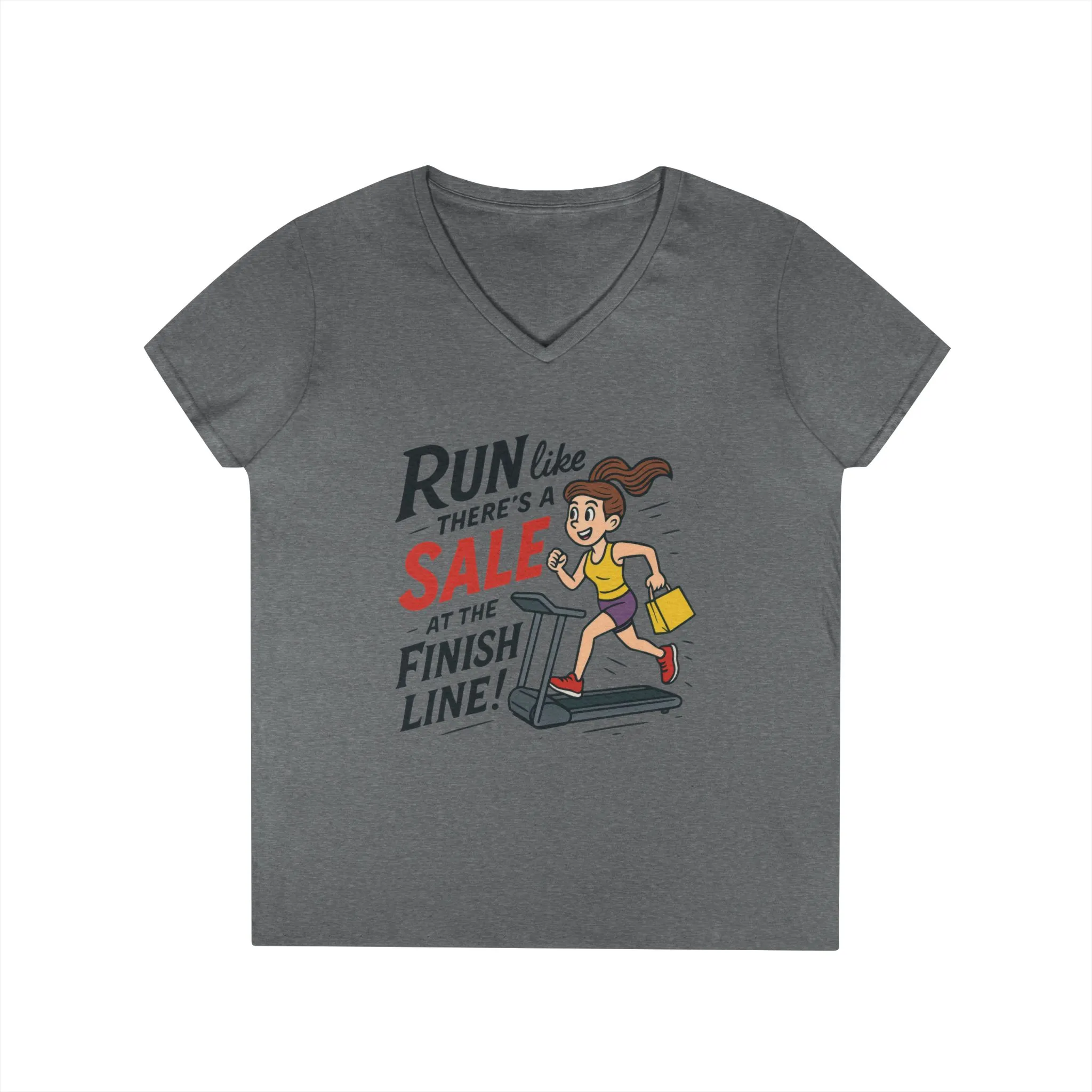 Ladies' V-Neck T-Shirt, Motivational Fitness Tee, Funny Gym Top, Funny Shopping Tee, Treadmill Runner Shirt for Her, For Sale Tee - Image 7