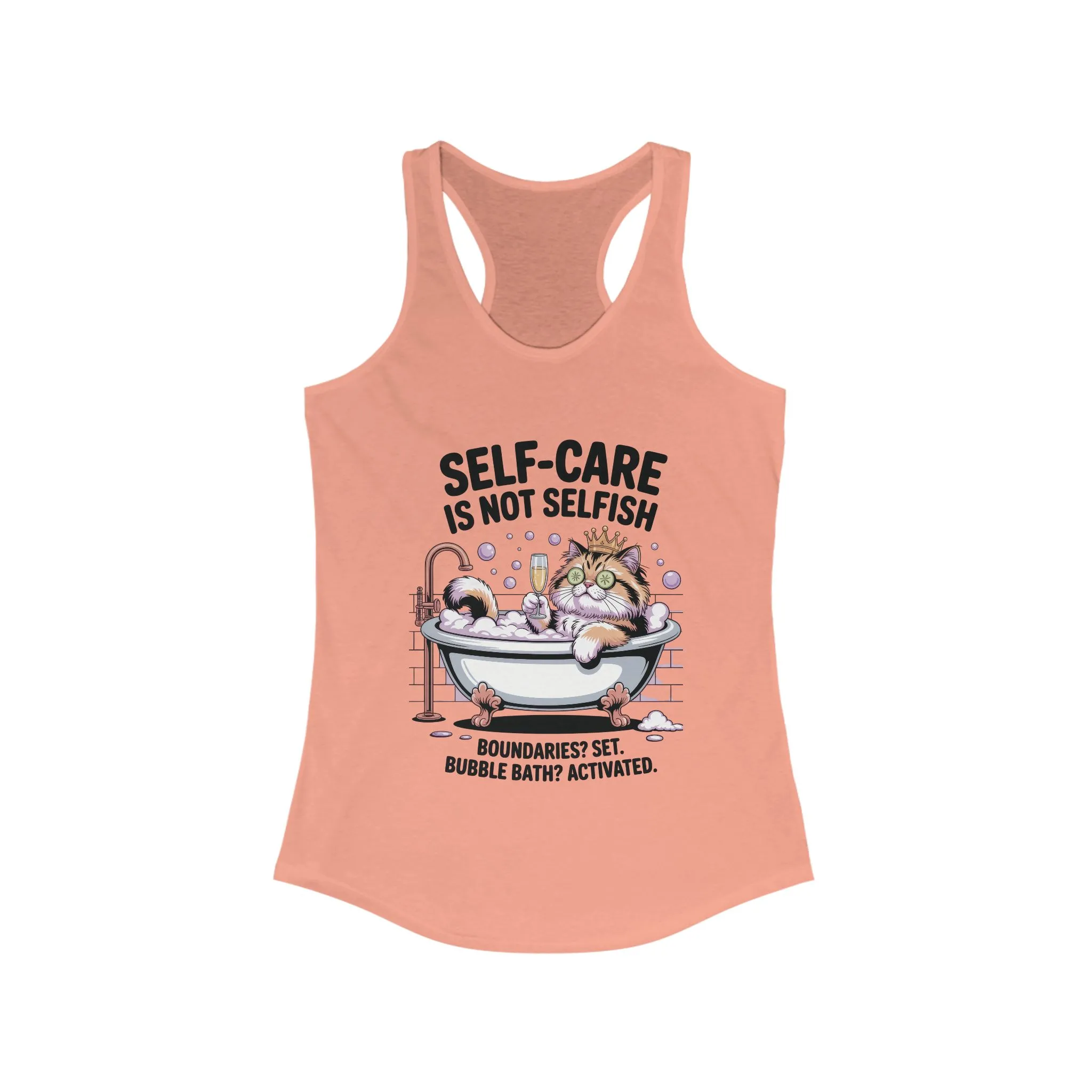 Womens Ideal Racerback Tank, Self-Care Cat Shirt, Funny Cat Bubble Bath Tee, Relaxing Kitty Graphic, Self Care Is Not Selfish Womens Tank - Image 5