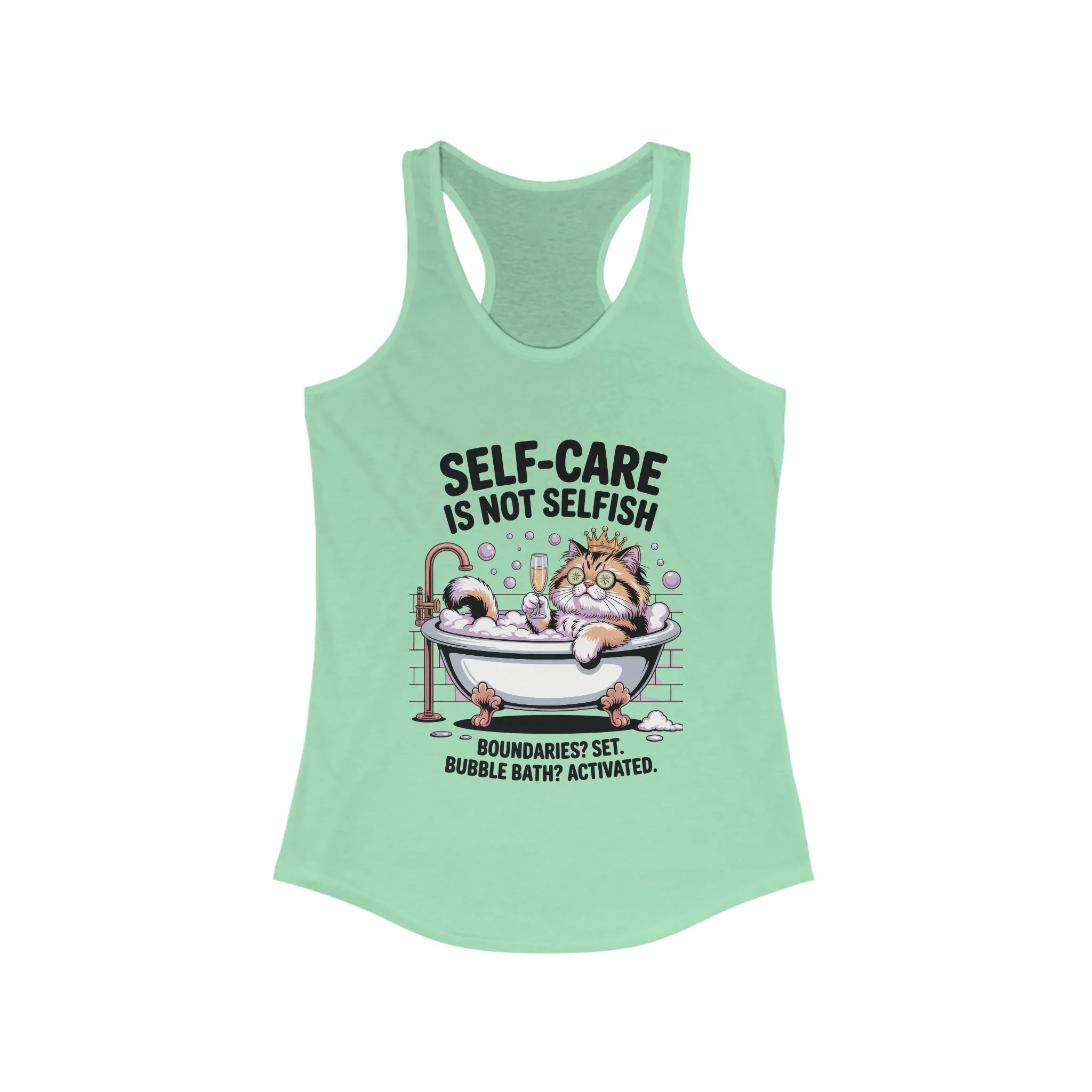 Womens Ideal Racerback Tank, Self-Care Cat Shirt, Funny Cat Bubble Bath Tee, Relaxing Kitty Graphic, Self Care Is Not Selfish Womens Tank - Image 9