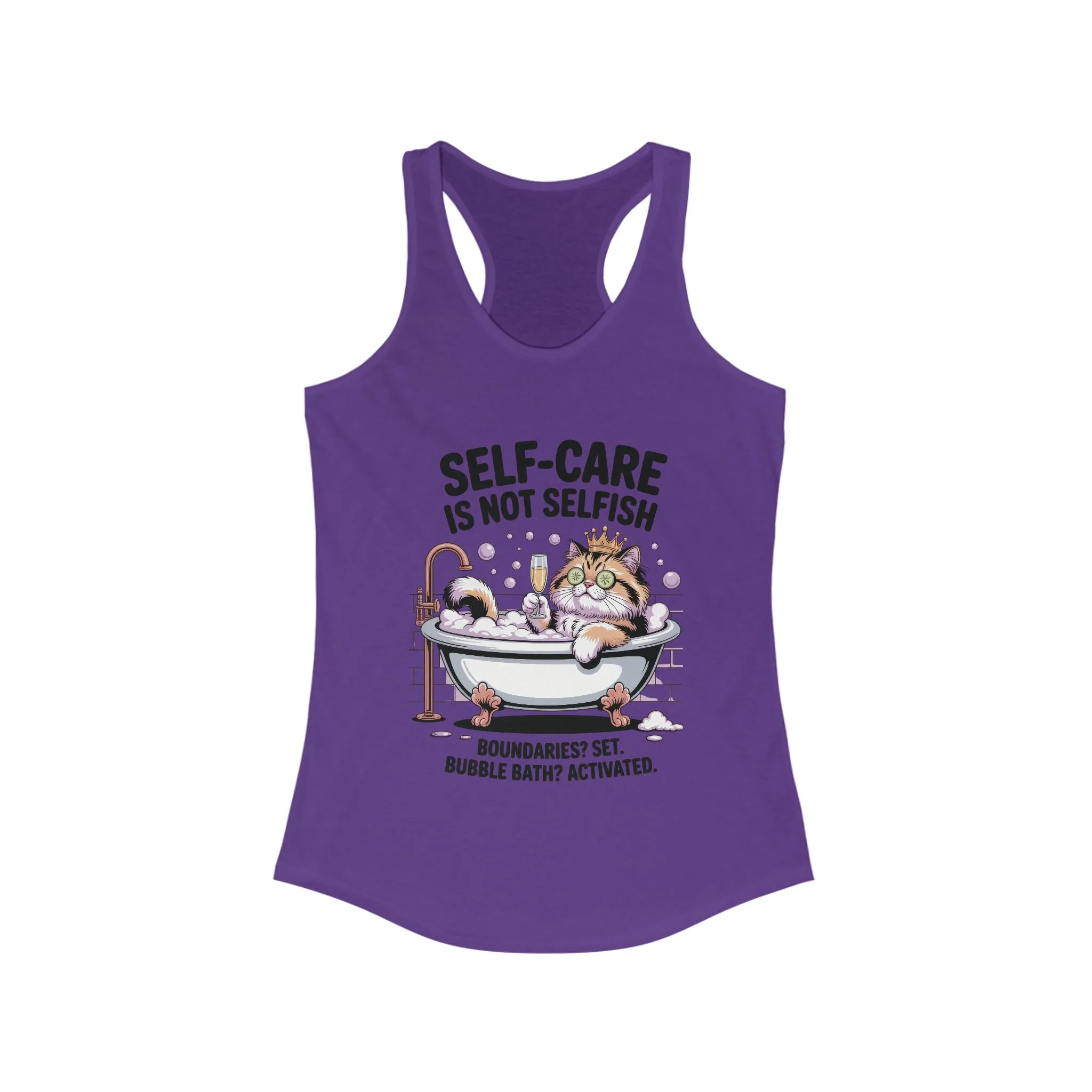 Womens Ideal Racerback Tank, Self-Care Cat Shirt, Funny Cat Bubble Bath Tee, Relaxing Kitty Graphic, Self Care Is Not Selfish Womens Tank - Image 15