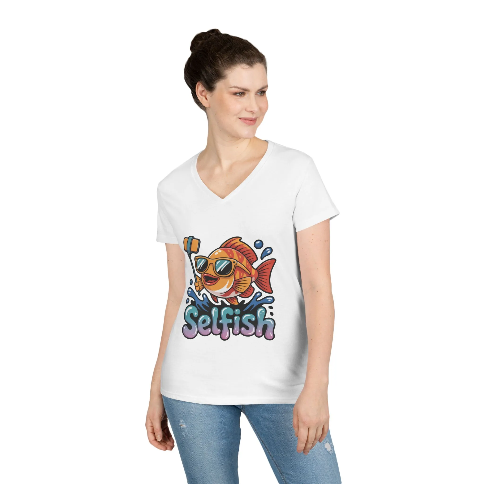 Ladies' V-Neck T-Shirt, Funny Selfie Fish Graphic Womens Tee, Playful Pun Gift for Her, Summer Vibes, Unique Beach Shirt, Outdoor Adventures - Image 4