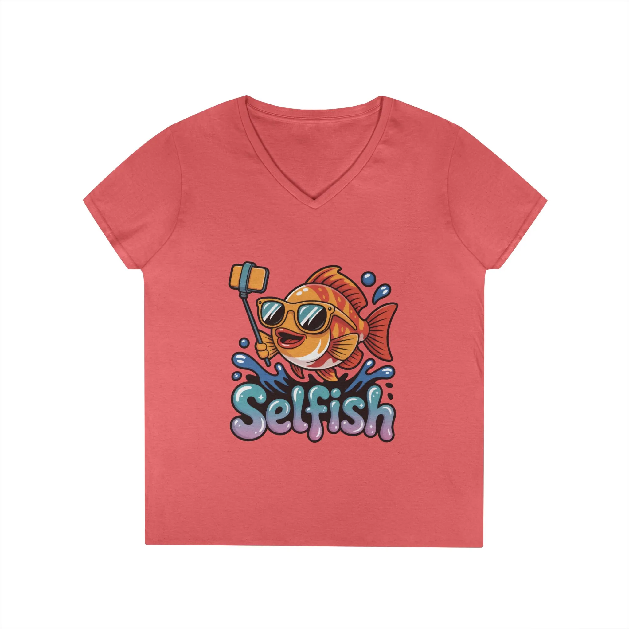 Ladies' V-Neck T-Shirt, Funny Selfie Fish Graphic Womens Tee, Playful Pun Gift for Her, Summer Vibes, Unique Beach Shirt, Outdoor Adventures - Image 5