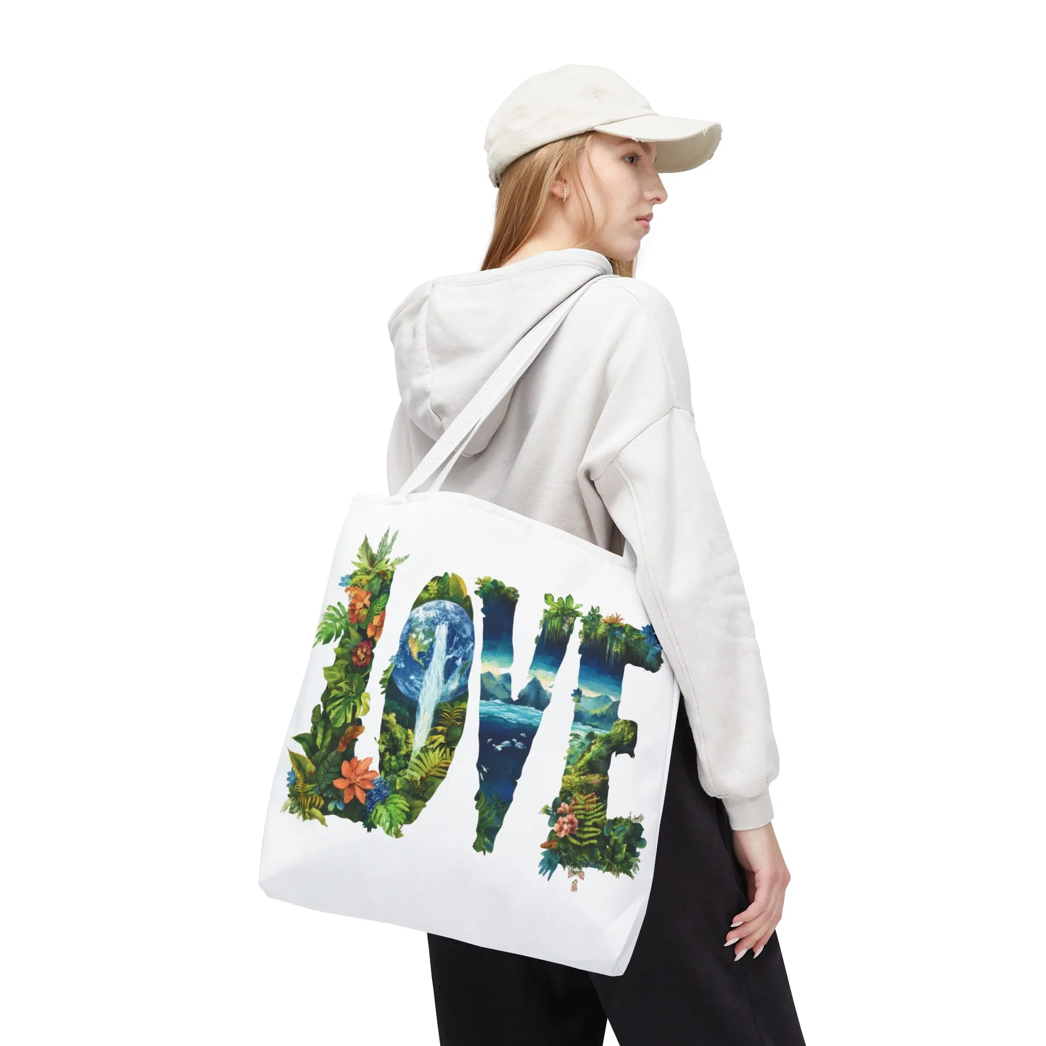 Earth Day LOVE Tote Bag, Eco Friendly Nature Art Bag, Sustainable Planet Message, Floral Tote, Shopping Bag, Beach Bag, Large Canvas Bag