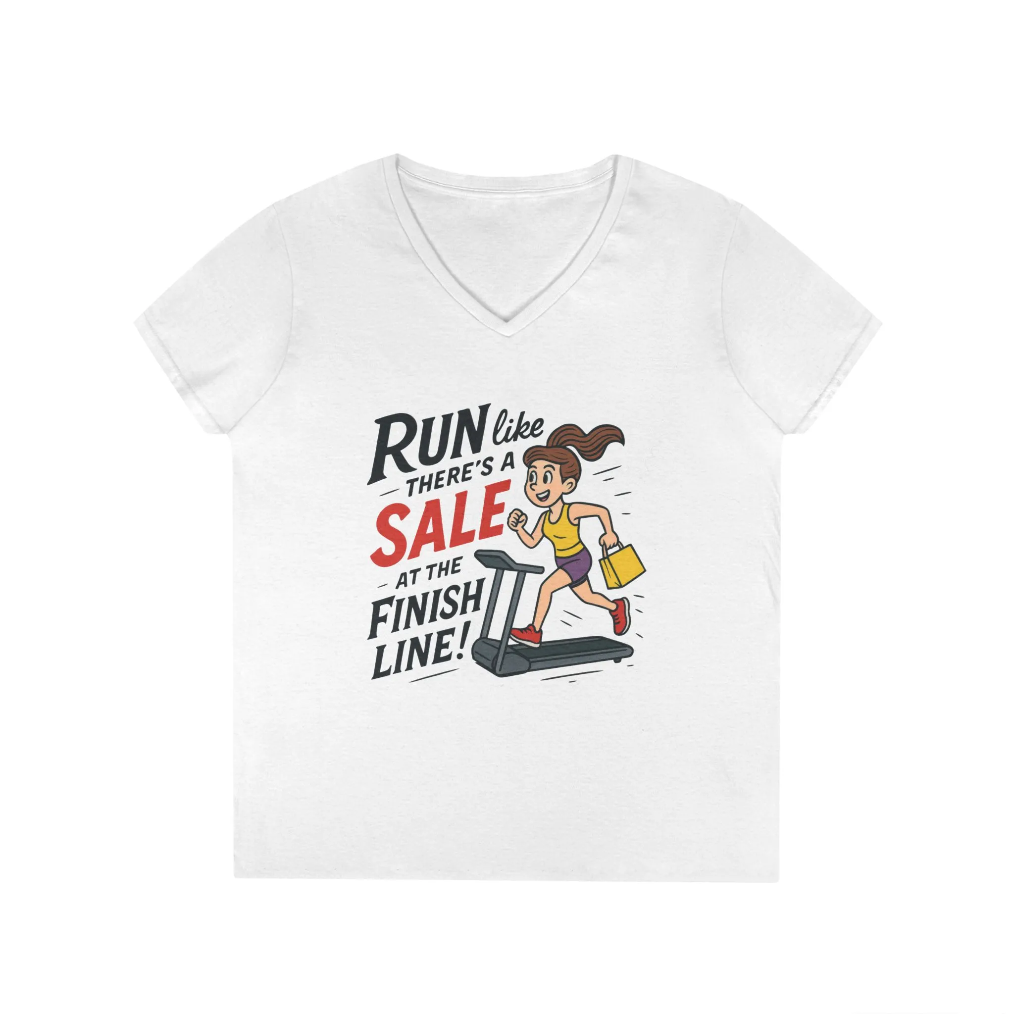 Ladies' V-Neck T-Shirt, Motivational Fitness Tee, Funny Gym Top, Funny Shopping Tee, Treadmill Runner Shirt for Her, For Sale Tee - Image 4