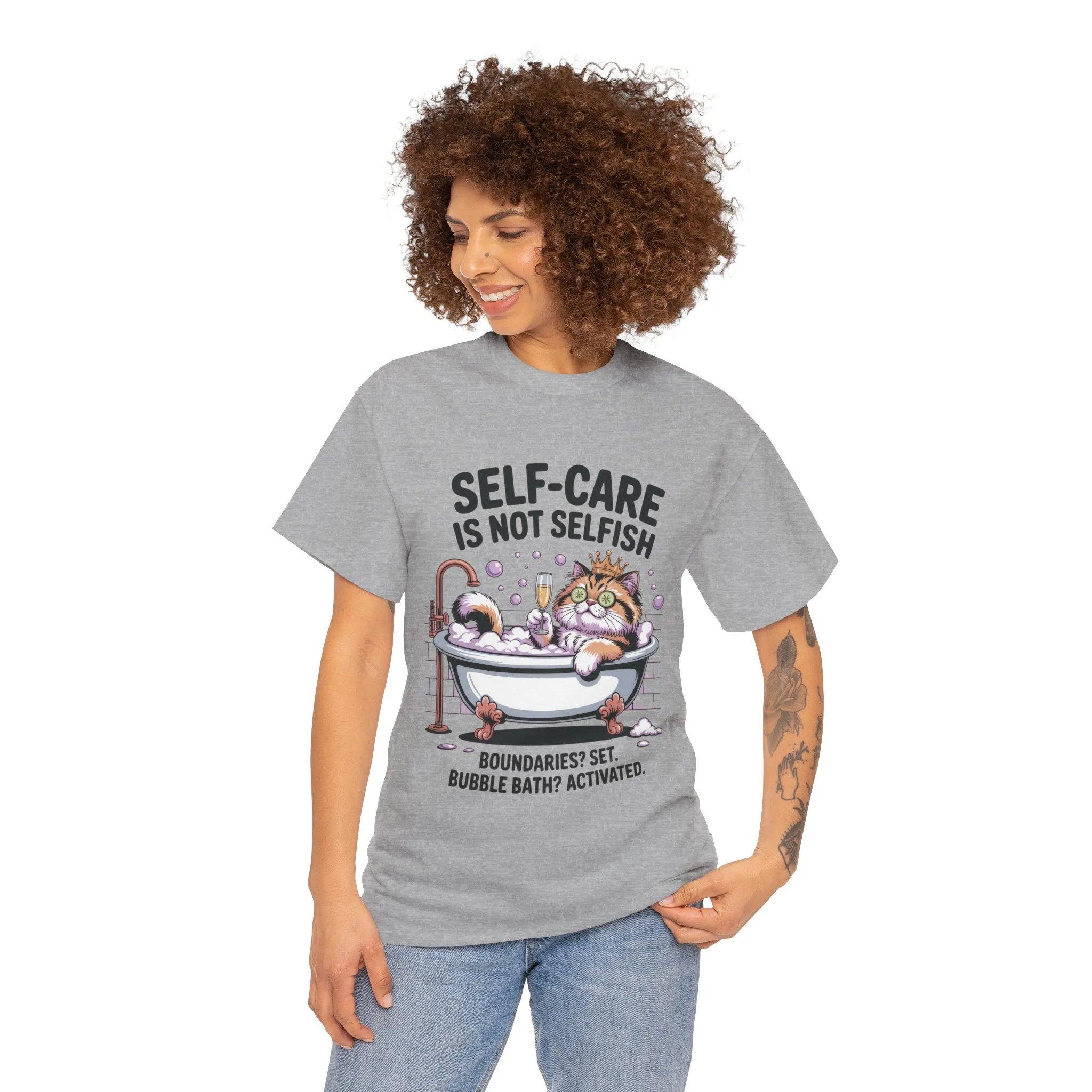 Womens Heavy Cotton Tee, Self-Care Cat Shirt, Funny Cat Bubble Bath Tee, Relaxing Kitty Graphic, Self Care Is Not Selfish Womens T-Shirt - Image 11