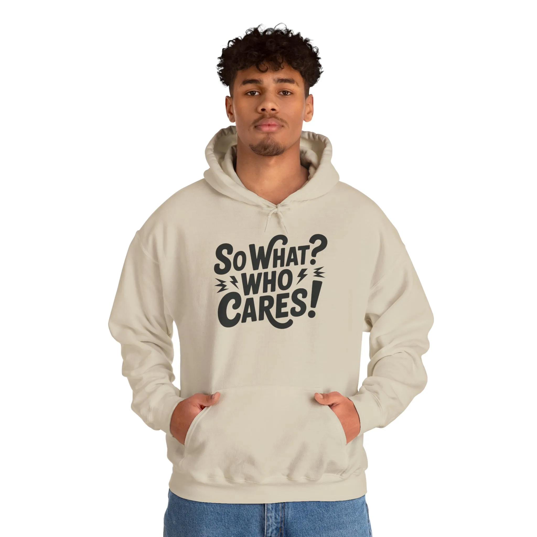 So What? Who Cares! Funny Mens Hoodie, Bold Statement Design, Lightning Graphic Pullover, Rebellious Urban Humor, Funny Streetwear