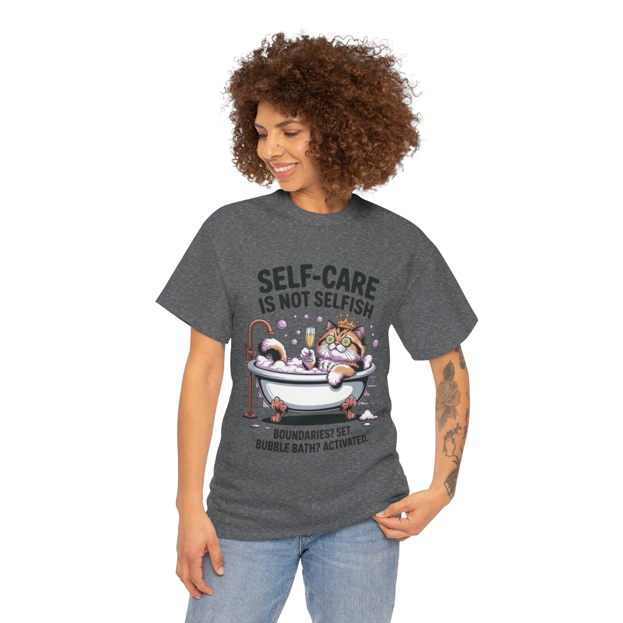 Womens Heavy Cotton Tee, Self-Care Cat Shirt, Funny Cat Bubble Bath Tee, Relaxing Kitty Graphic, Self Care Is Not Selfish Womens T-Shirt - Image 14