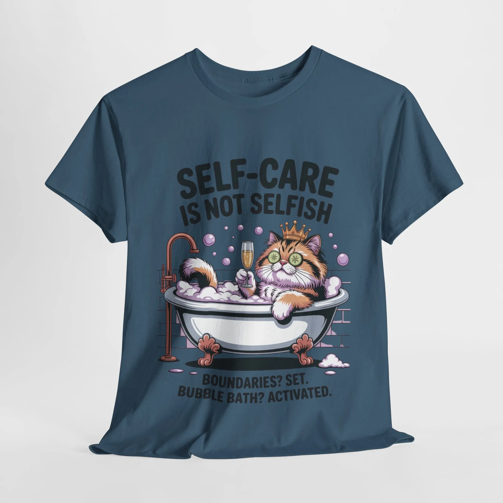 Womens Heavy Cotton Tee, Self-Care Cat Shirt, Funny Cat Bubble Bath Tee, Relaxing Kitty Graphic, Self Care Is Not Selfish Womens T-Shirt - Image 34