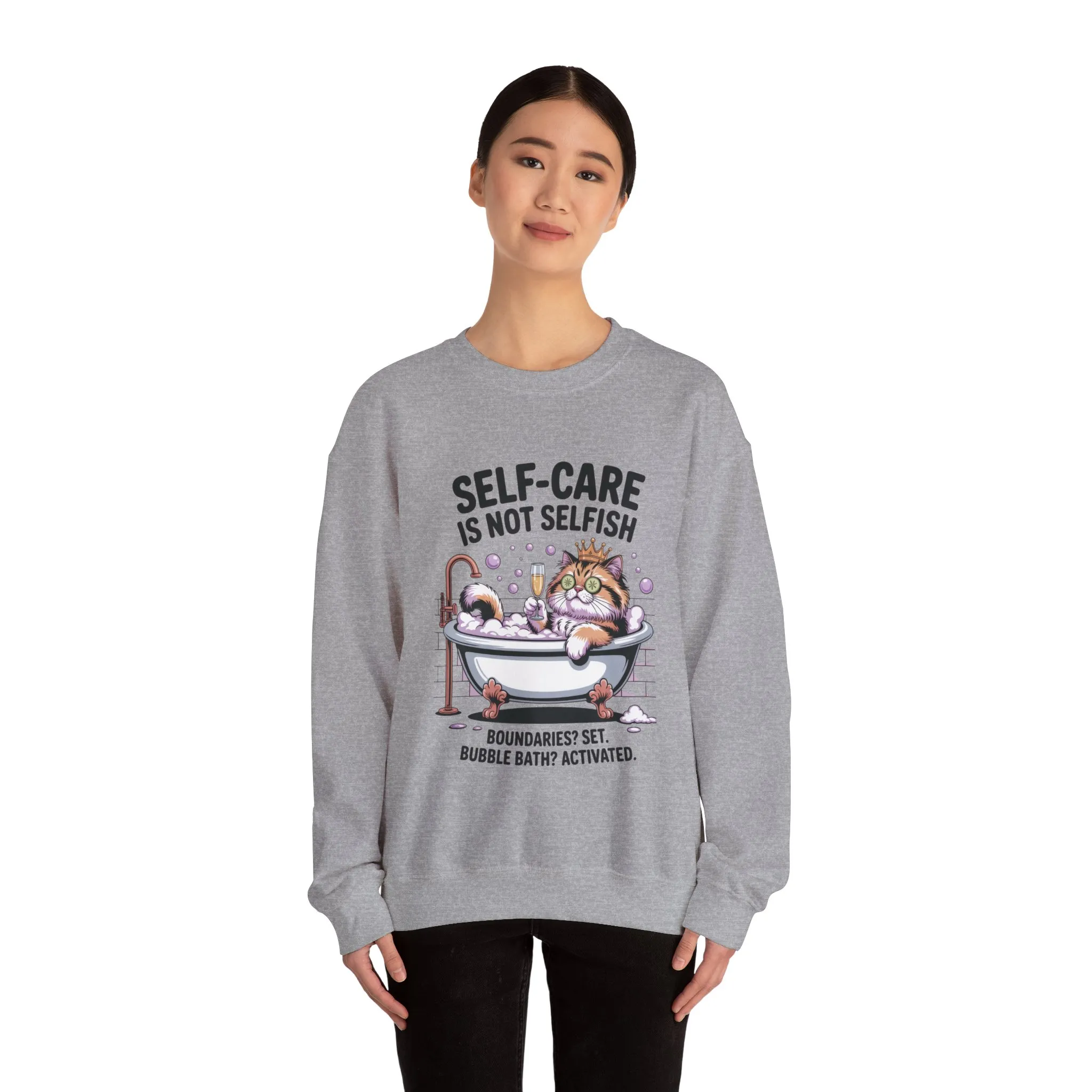 Womens Crewneck Sweatshirt, Self-Care Cat Shirt, Funny Cat Tee, Relaxing Kitty Graphic, Self Care Is Not Selfish Womens Sweatshirt - Image 8