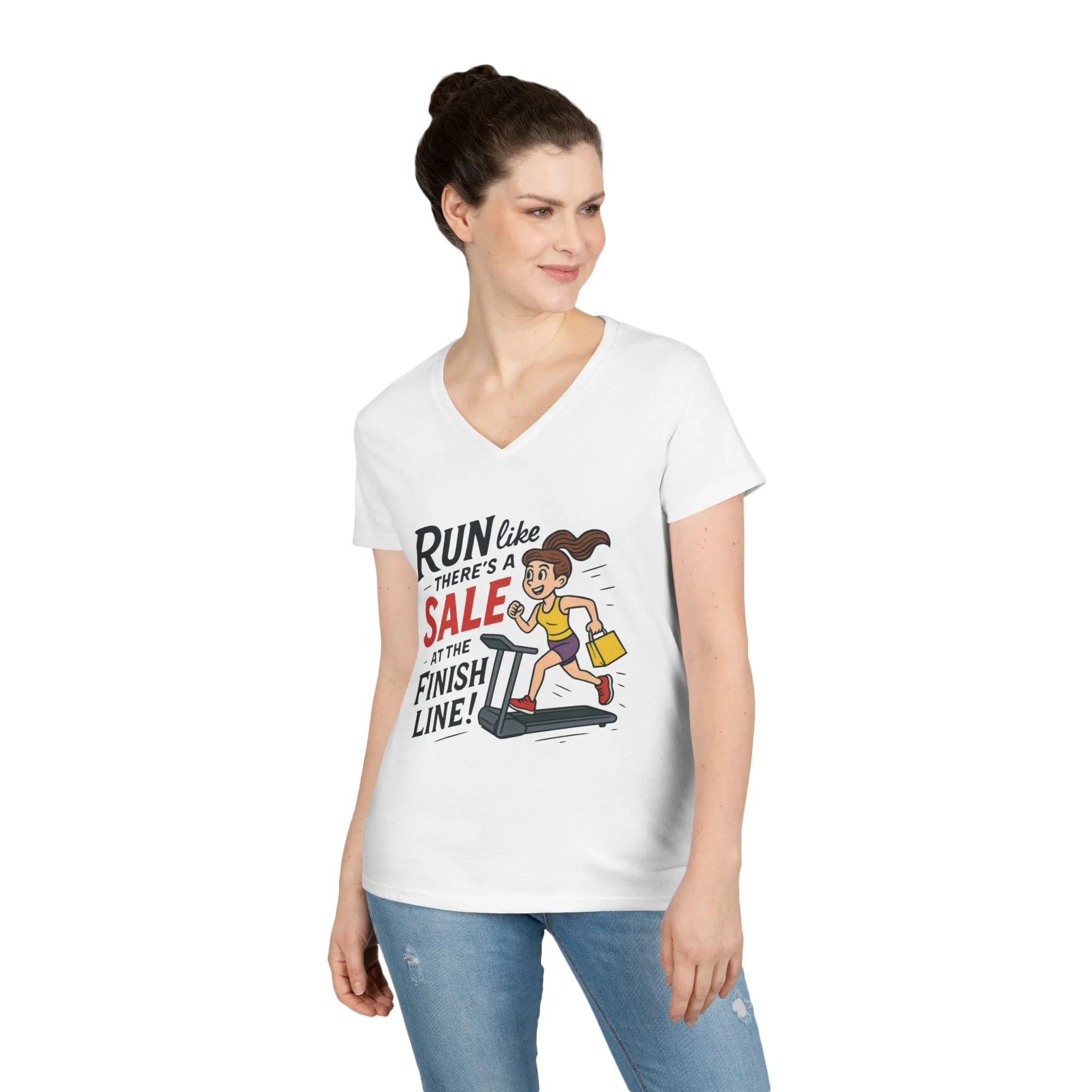 Ladies' V-Neck T-Shirt, Motivational Fitness Tee, Funny Gym Top, Funny Shopping Tee, Treadmill Runner Shirt for Her, For Sale Tee - Image 6