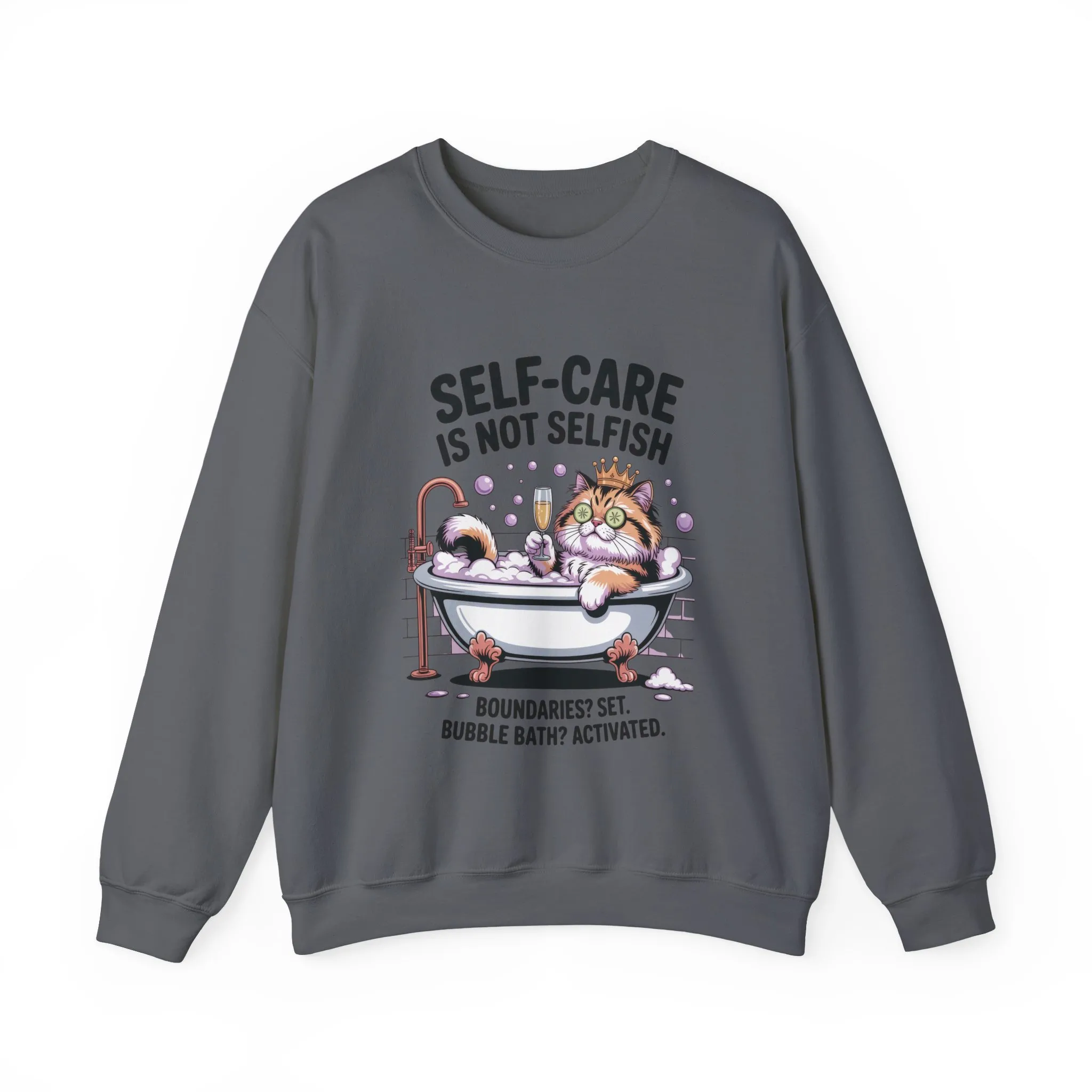 Womens Crewneck Sweatshirt, Self-Care Cat Shirt, Funny Cat Tee, Relaxing Kitty Graphic, Self Care Is Not Selfish Womens Sweatshirt - Image 2