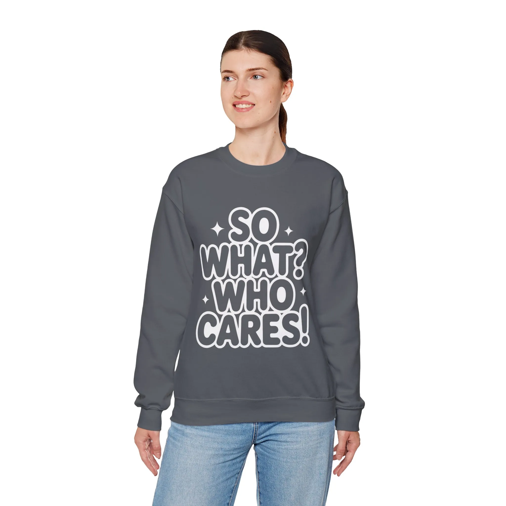 Trendy Womens Crewneck Sweatshirt with 'So What? Who Cares!' Print, Funny Typography Sweater, Sassy Graphic Sweater for Women - Image 36