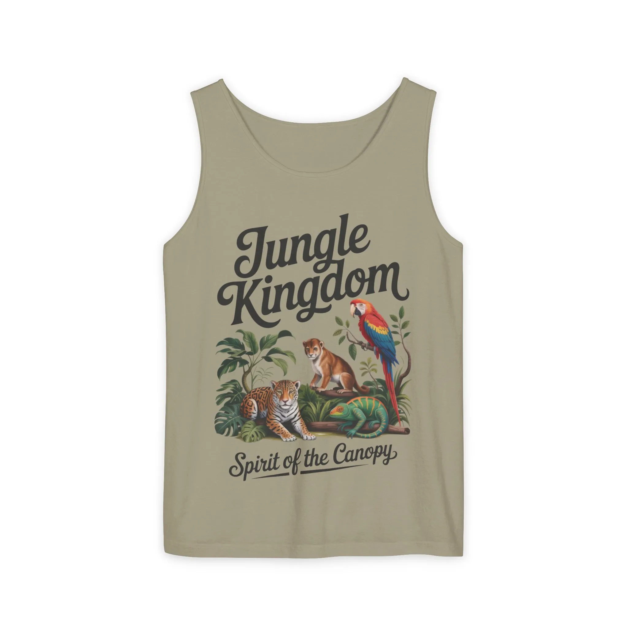 Jungle Kingdom Tank Top, Mens Garment-Dyed Sleeveless Shirt, Spirit of the Canopy Tee, Summer Outfit, Eco-Friendly Casual Wear - Image 2