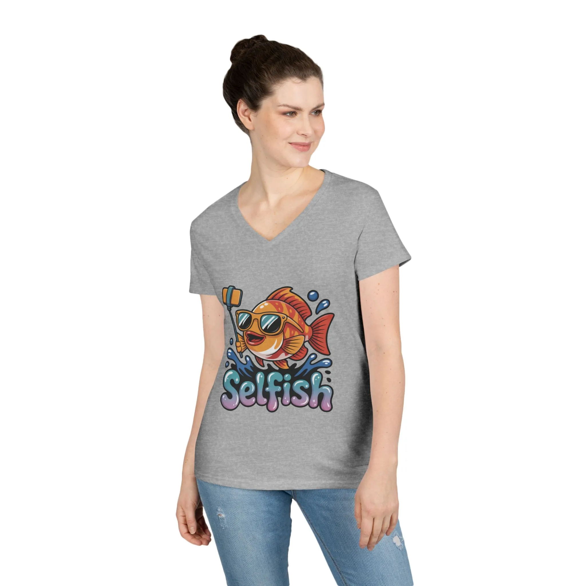 Ladies' V-Neck T-Shirt, Funny Selfie Fish Graphic Womens Tee, Playful Pun Gift for Her, Summer Vibes, Unique Beach Shirt, Outdoor Adventures - Image 10
