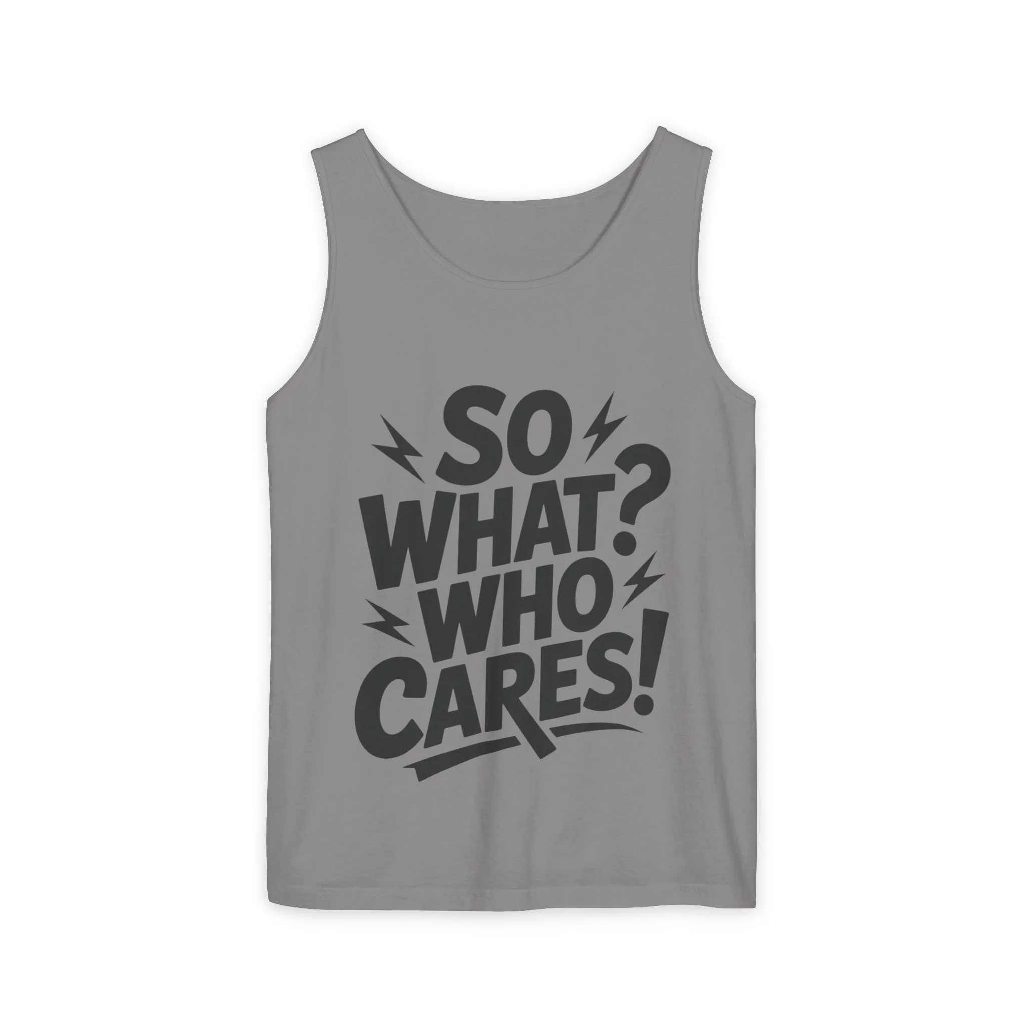 Mens Tank Top, "So What? Who Cares!", Casual Summer Wear, Beach Trip, Festival Outfit, Lightning Print, Sarcastic Summer Tee, Gym Tank - Image 4