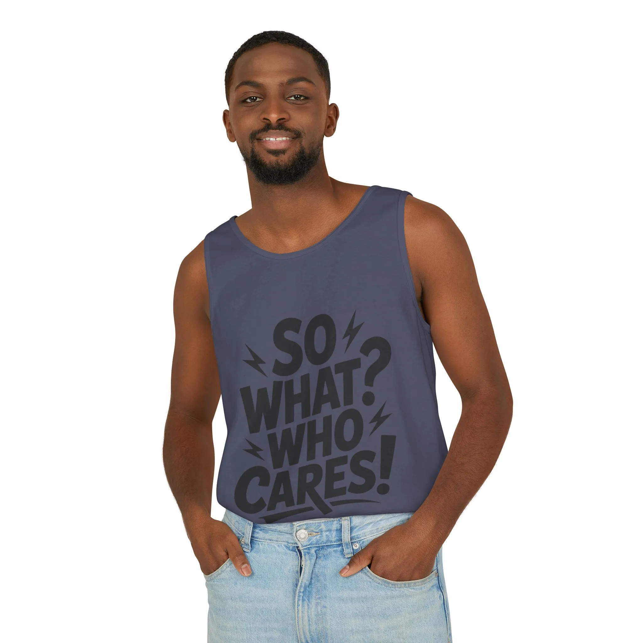 Mens Tank Top, "So What? Who Cares!", Casual Summer Wear, Beach Trip, Festival Outfit, Lightning Print, Sarcastic Summer Tee, Gym Tank - Image 27
