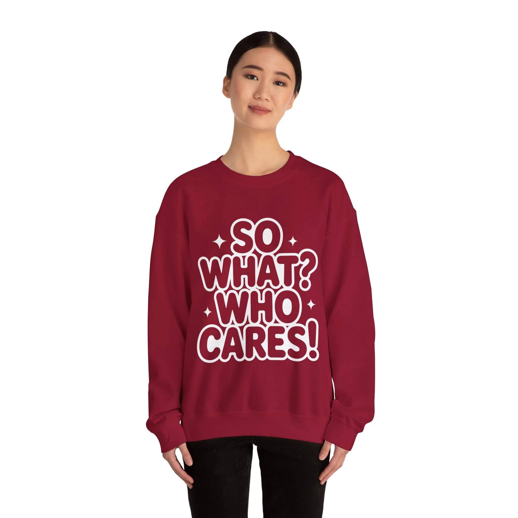 Trendy Womens Crewneck Sweatshirt with 'So What? Who Cares!' Print, Funny Typography Sweater, Sassy Graphic Sweater for Women - Image 26