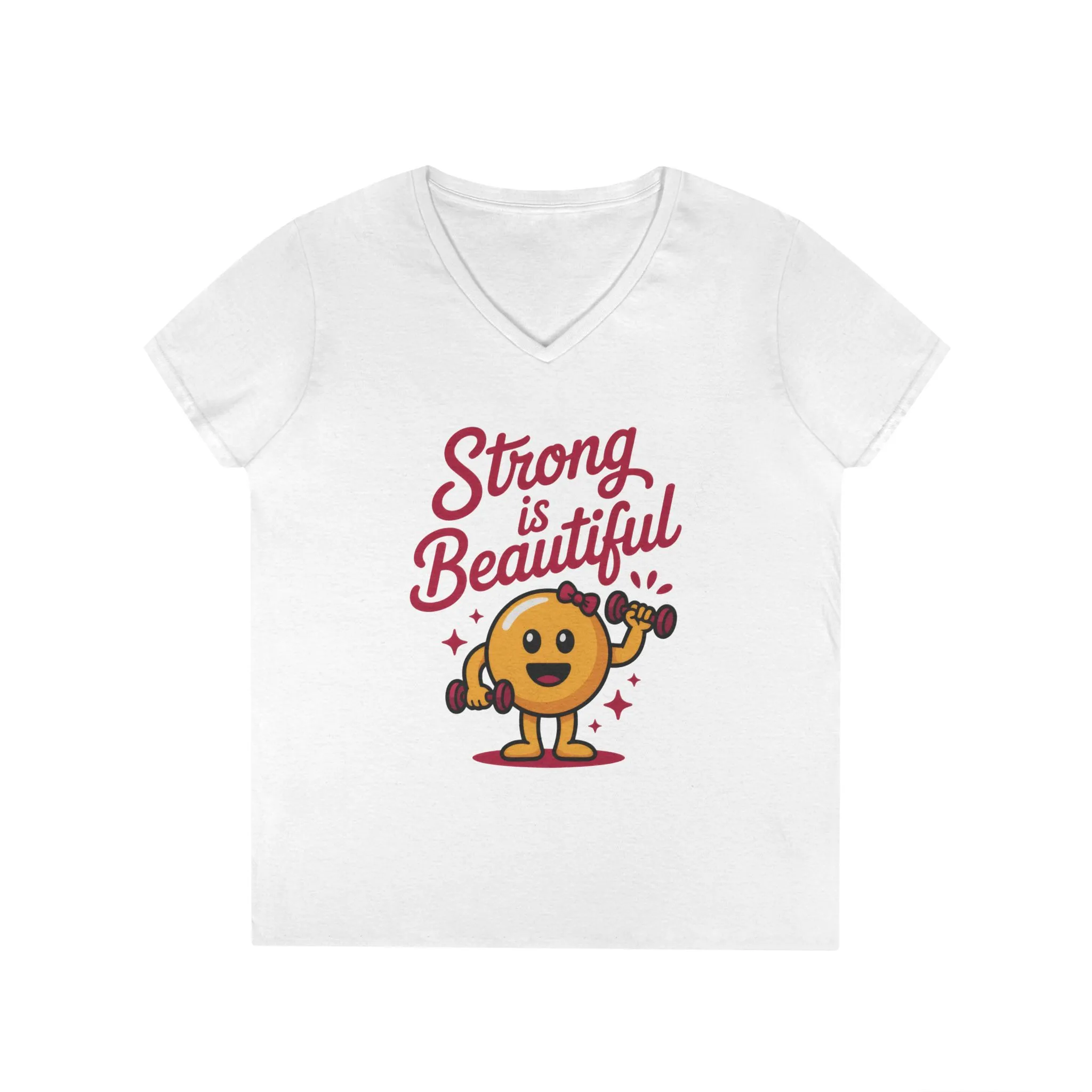 Ladies' V-Neck T-Shirt, Strong is Beautiful Womens Tee, Cute Fitness Character Tee, Inspirational Workout Shirt, Gym Motivation Gift for Her - Image 4