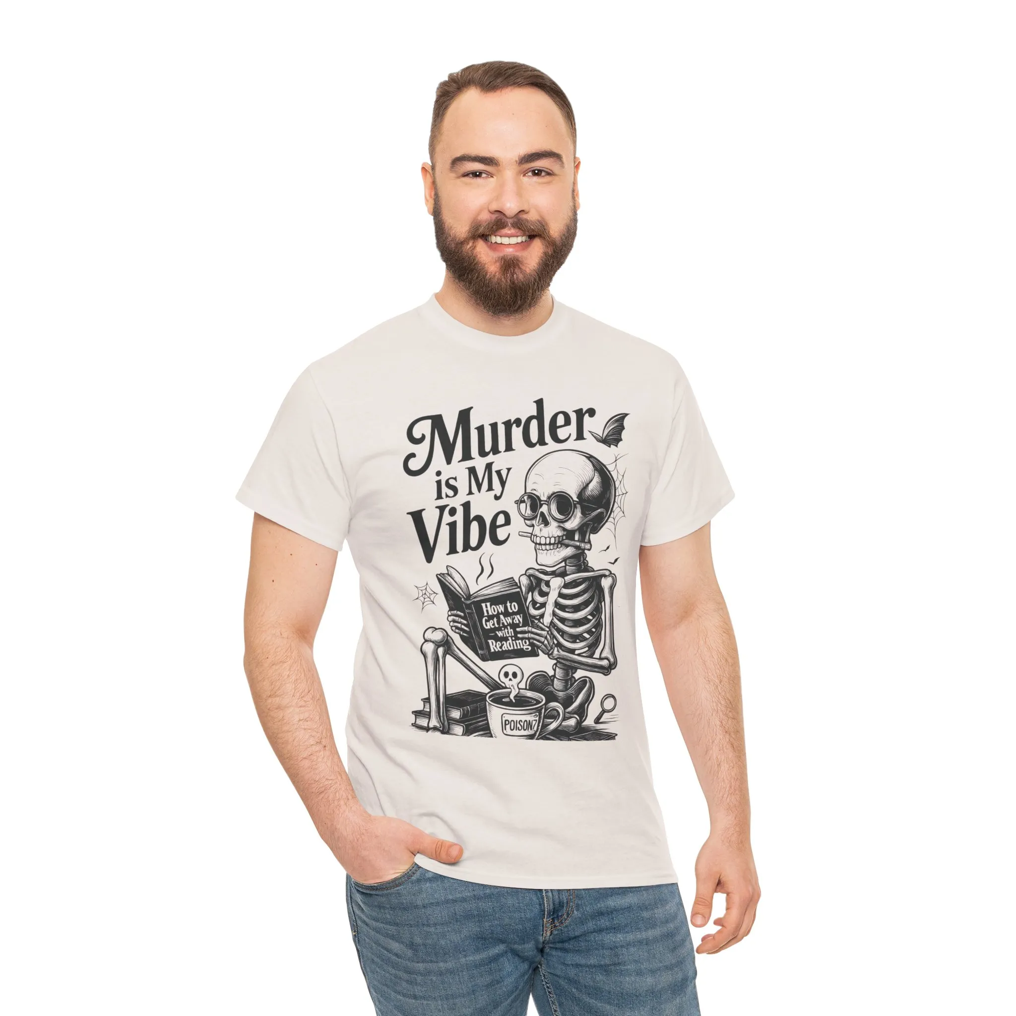 Mens Heavy Cotton Tee - "Murder is My Vibe" Graphic Shirt for Ghoulish Vibes, Halloween Fun, Spooky Season, Casual Wear, Gift for [...] - Image 8