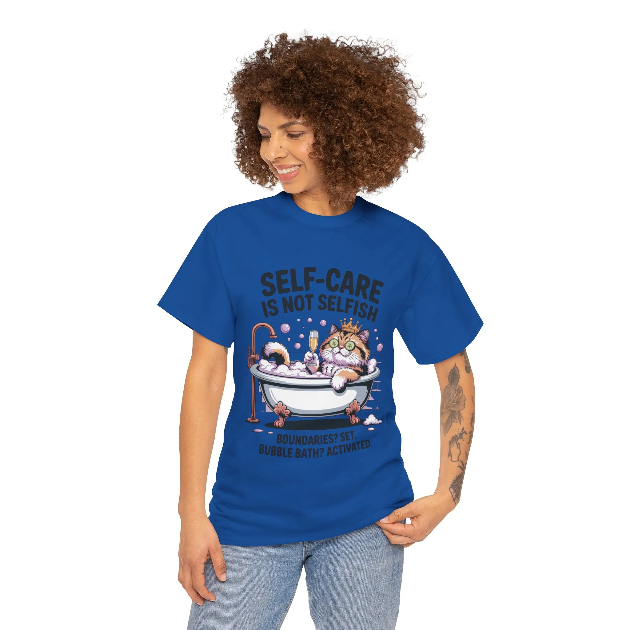 Womens Heavy Cotton Tee, Self-Care Cat Shirt, Funny Cat Bubble Bath Tee, Relaxing Kitty Graphic, Self Care Is Not Selfish Womens T-Shirt - Image 20