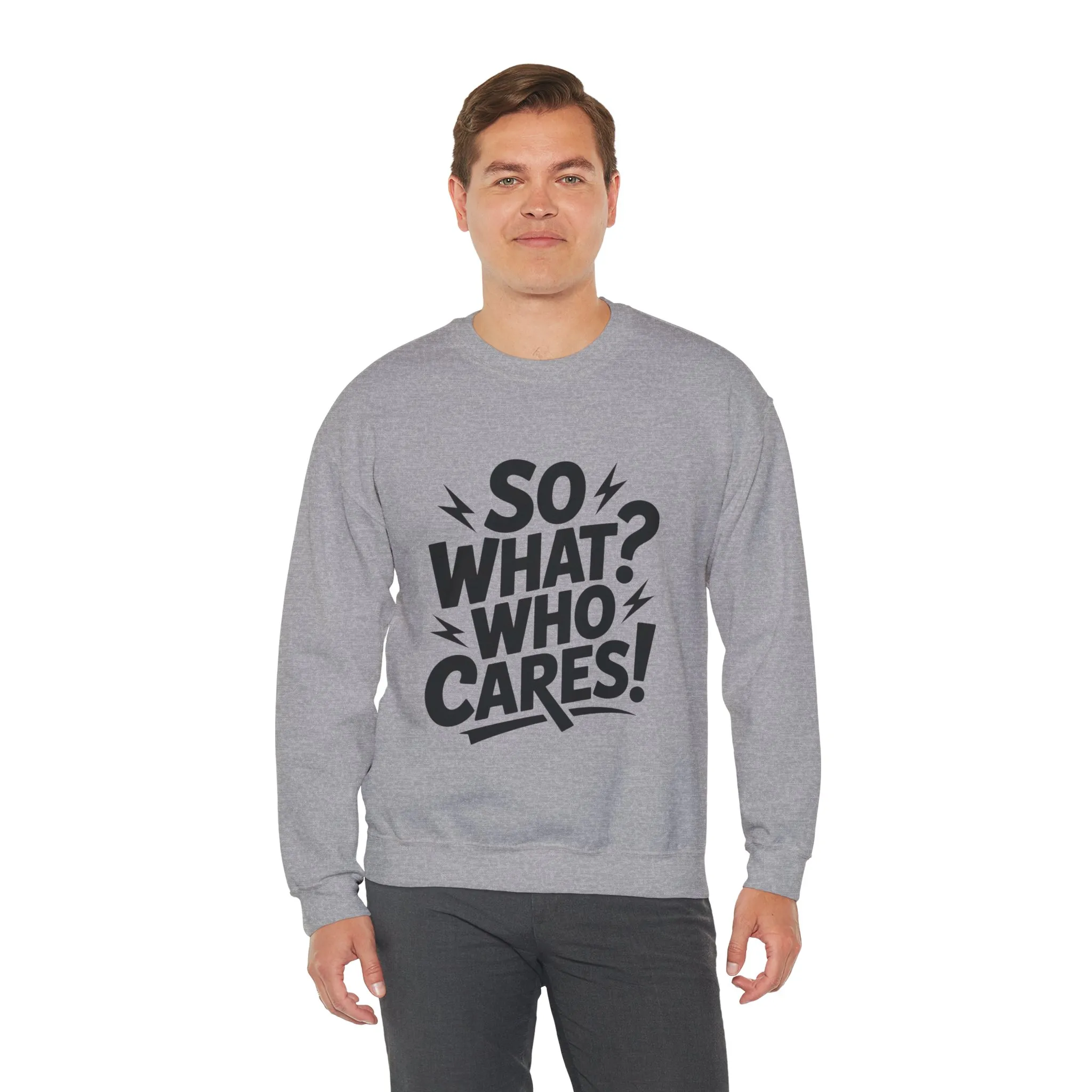 So What? Who Cares! Funny Mens Crewneck Sweatshirt, Bold Statement Design, Lightning Graphic Pullover, Rebellious Urban Humor - Image 9