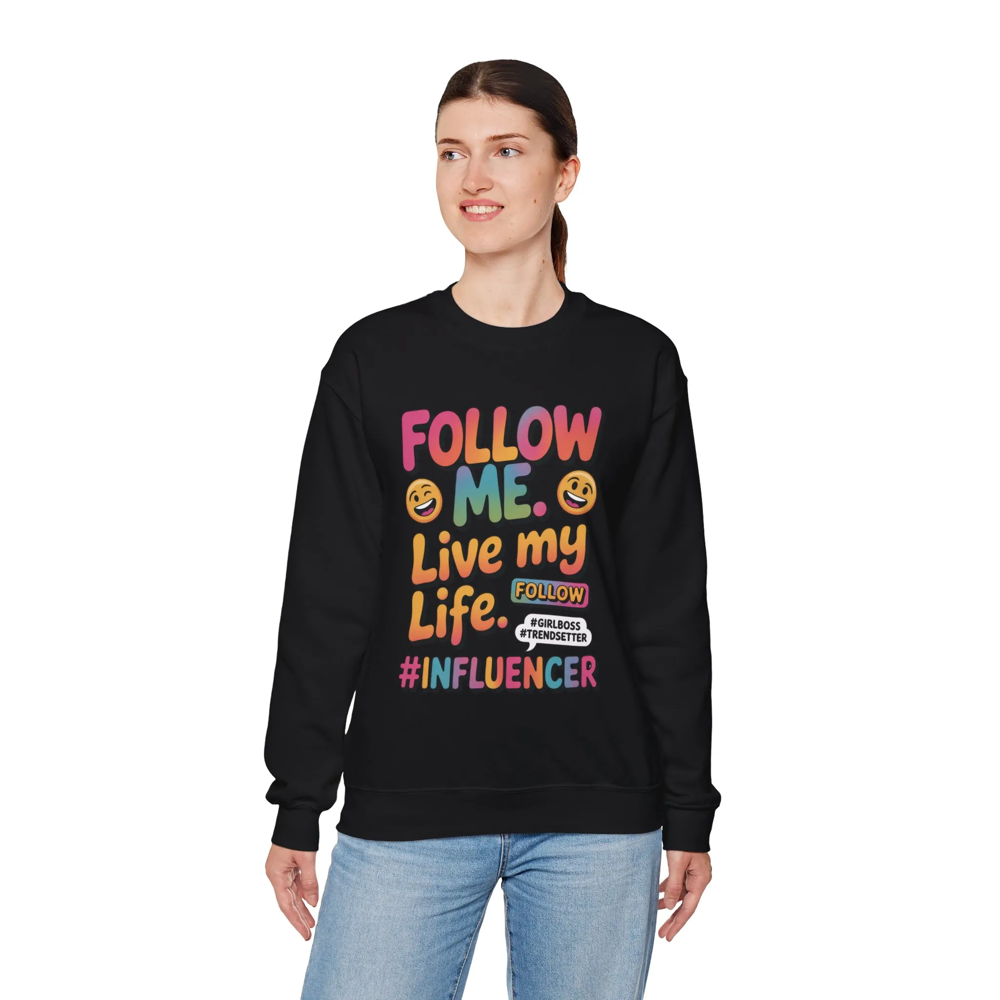 Womens Heavy Blend™ Crewneck Sweatshirt, Influencer Sweatshirt, Colorful Follow Me Live My Life Graphic Sweatshirt, Trendy GirlBoss Outfit - Image 6