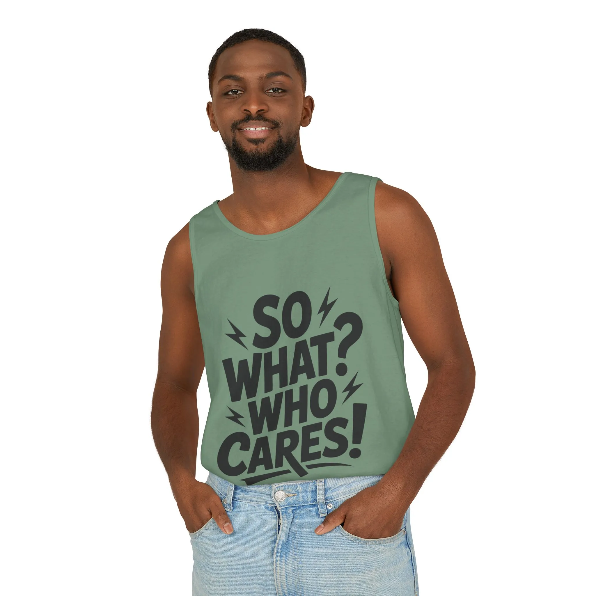 Mens Tank Top, "So What? Who Cares!", Casual Summer Wear, Beach Trip, Festival Outfit, Lightning Print, Sarcastic Summer Tee, Gym Tank - Image 9