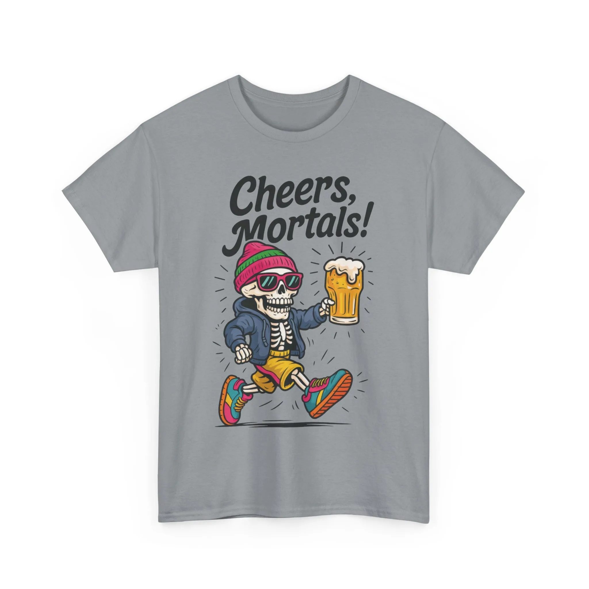 Cheers, Mortals! Mens Tee, Funny Skeleton Beer Graphic Tee, Cool Drinking Humor Shirt, Party Gift for Him, Halloween Tee, Beer Lovers Gift - Image 2