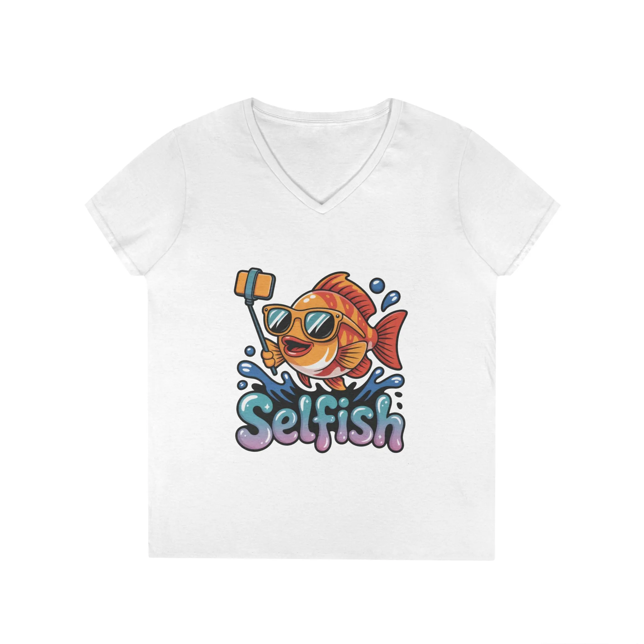 Ladies' V-Neck T-Shirt, Funny Selfie Fish Graphic Womens Tee, Playful Pun Gift for Her, Summer Vibes, Unique Beach Shirt, Outdoor Adventures - Image 3