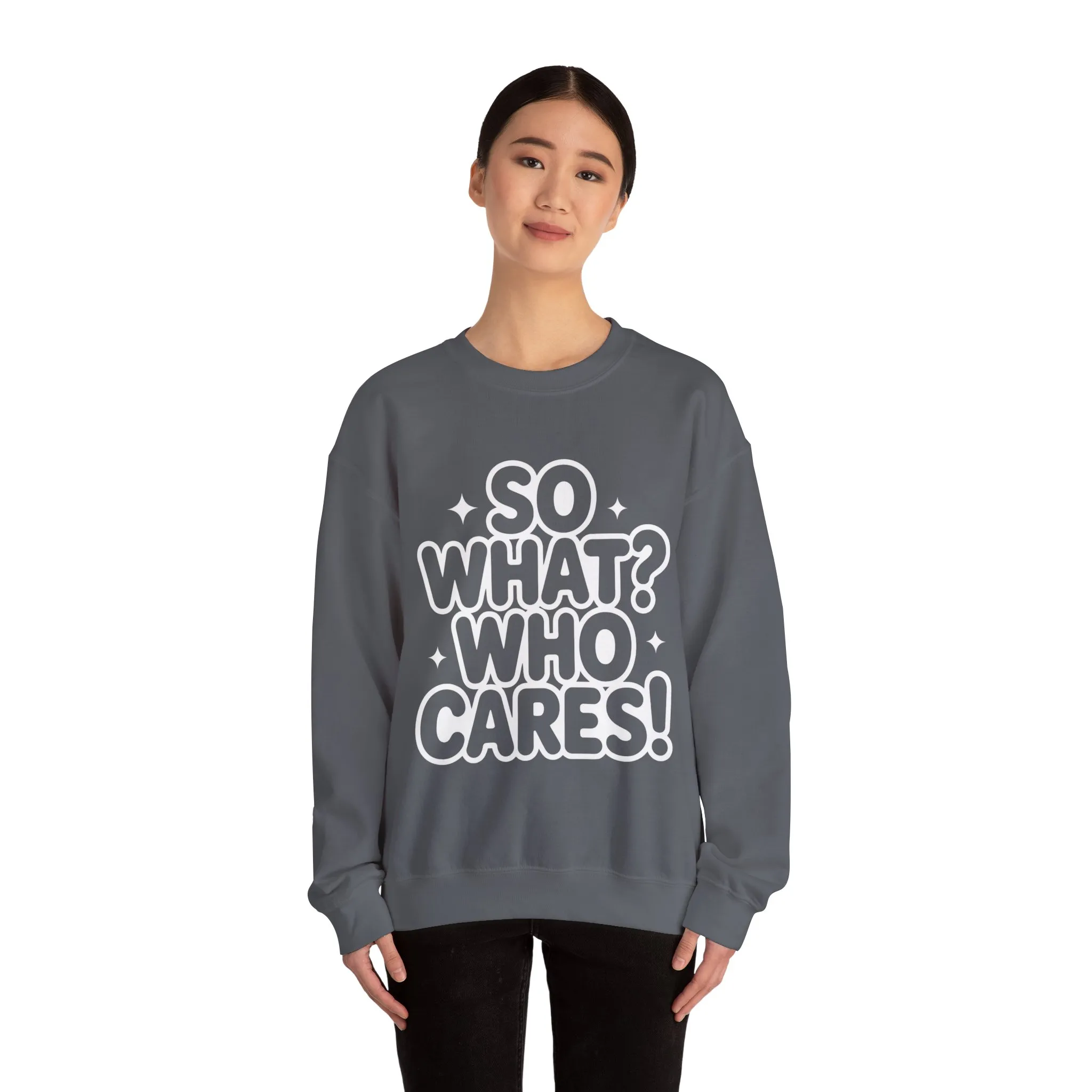 Trendy Womens Crewneck Sweatshirt with 'So What? Who Cares!' Print, Funny Typography Sweater, Sassy Graphic Sweater for Women - Image 35